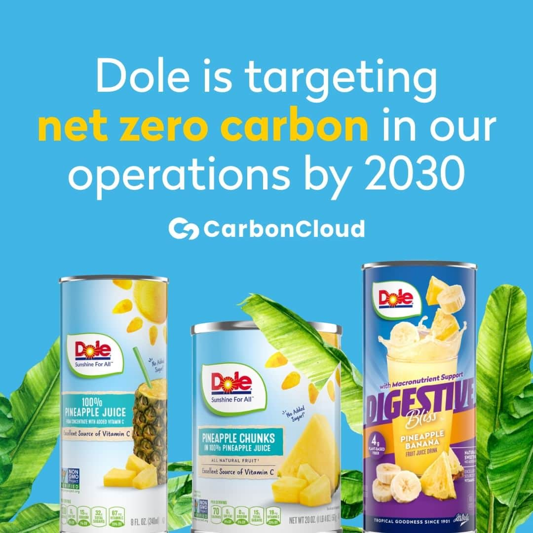 Dole Packaged Foods（ドール）のインスタグラム：「We are promising people, planet and prosperity are at the heart of everything we do to make the sun shine brighter for all.  Dole is pursuing net-zero carbon in our operations by 2030, and by partnering with third party CarbonCloud, consumers will be able to check the climate footprint of their can of Dole pineapple!  Swipe to learn more about our Dole Promises.」