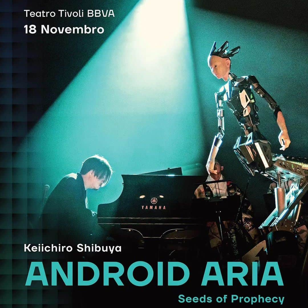 渋谷慶一郎のインスタグラム：「New work  Premier “Seeds of Prophecy “  🎼 CONCERTO “ANDROID ARIA – SEEDS OF PROPHECY” DE KEIICHIRO SHIBUYA  Cerimónia de Encerramento @teatrotivolibbva  A interacção hipnotizante entre o piano de Shibuya e a magnífica voz de um andróide sintetizado artificialmente não é um dueto qualquer. Com as suas capacidades auditivas avançadas, o andróide escuta cada nota tocada por Shibuya e responde em tempo real a melodias improvisadas. Noutras alturas, canta temas compostos por Shibuya. Enquanto algumas das letras são excertos de obras do célebre romancista Michel Houellebecq e do filósofo Ludwig Wittgenstein, outros textos são gerados por um modelo GPT de inteligência artificial.  Para mais informações - https://leffest.com/eventos/android-area-seeds-of-prophecy  —  🎼 CONCERT “ANDROID ARIA – SEEDS OF PROPHECY” BY KEIICHIRO SHIBUYA  The mesmerising interplay between the piano played by Shibuya and the beautiful singing voice of an artificially synthesized android is no ordinary duet. With its advanced auditory abilities, the android listens to every note Shibuya plays and responds in real-time to improvised melodies. It also sings several songs that were composed by Shibuya. While some of the lyrics are excerpts of works by the famous novelist Michel Houellebecq and the philosopher Ludwig Wittgenstein, other texts are generated by a GPT artificial intelligence model.  For more information - https://leffest.com/en/events/android-area-seeds-of-prophecy  #leffest23 #leffest #lisboa #concerto #inteligênciaartificial #ai #ia #tecnologia #arte #tivoli #cultura #festivaldecinema #shibuya #keiichiroshibuya #teatrotivolibbva #japão #músicajaponesa #músicaelectrónica #cerimoniadeencerramento」