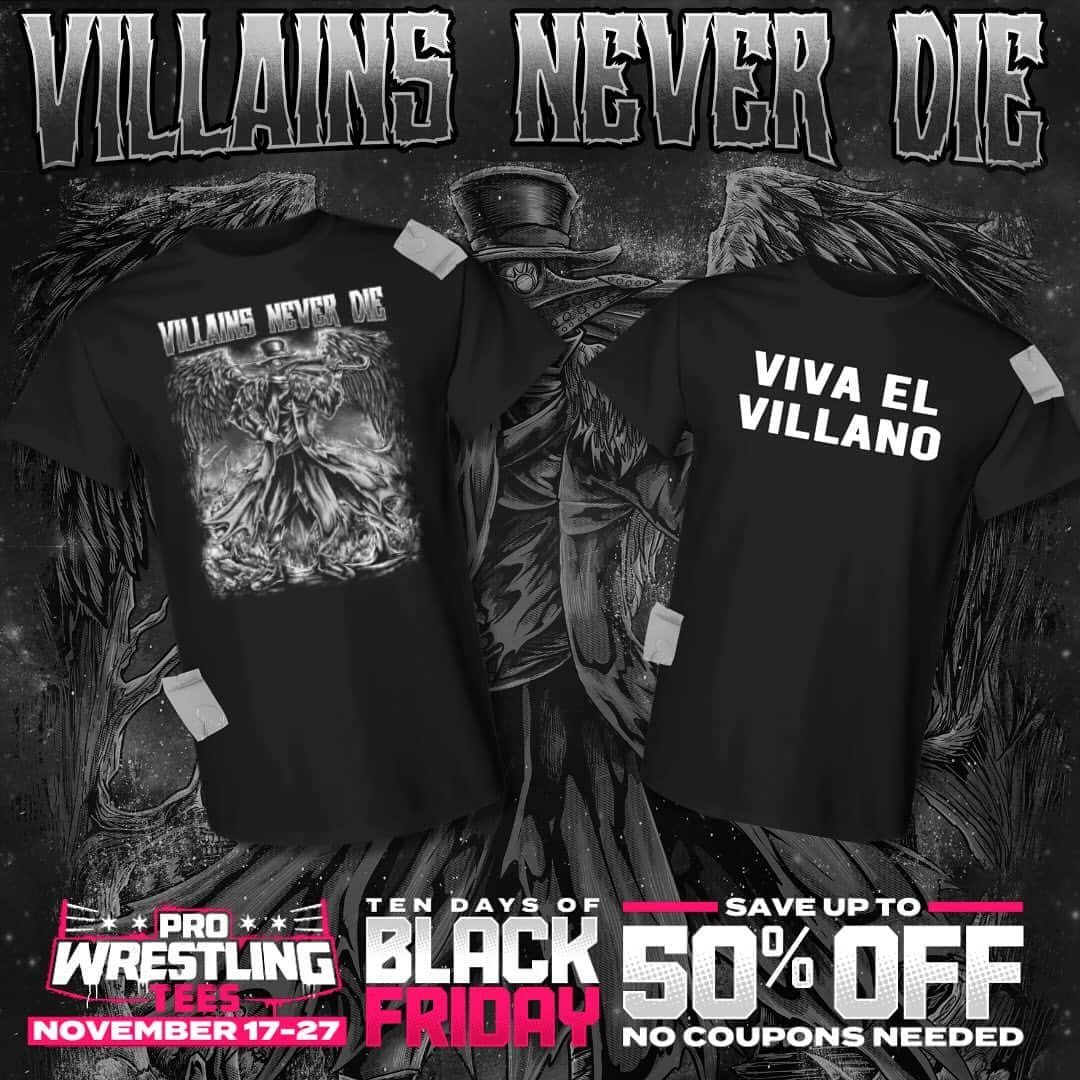 マーティ・スカルのインスタグラム：「Villains Never Die!   Two new VILLAIN shirts now available and just in time for Black Friday! Meaning 20% off ALL Villain shirts! (even these two new releases!) starting today at 1pm ET. No promo code needed.  prowrestlingtees.com/martyscurll   Viva El Villano! ☔️」