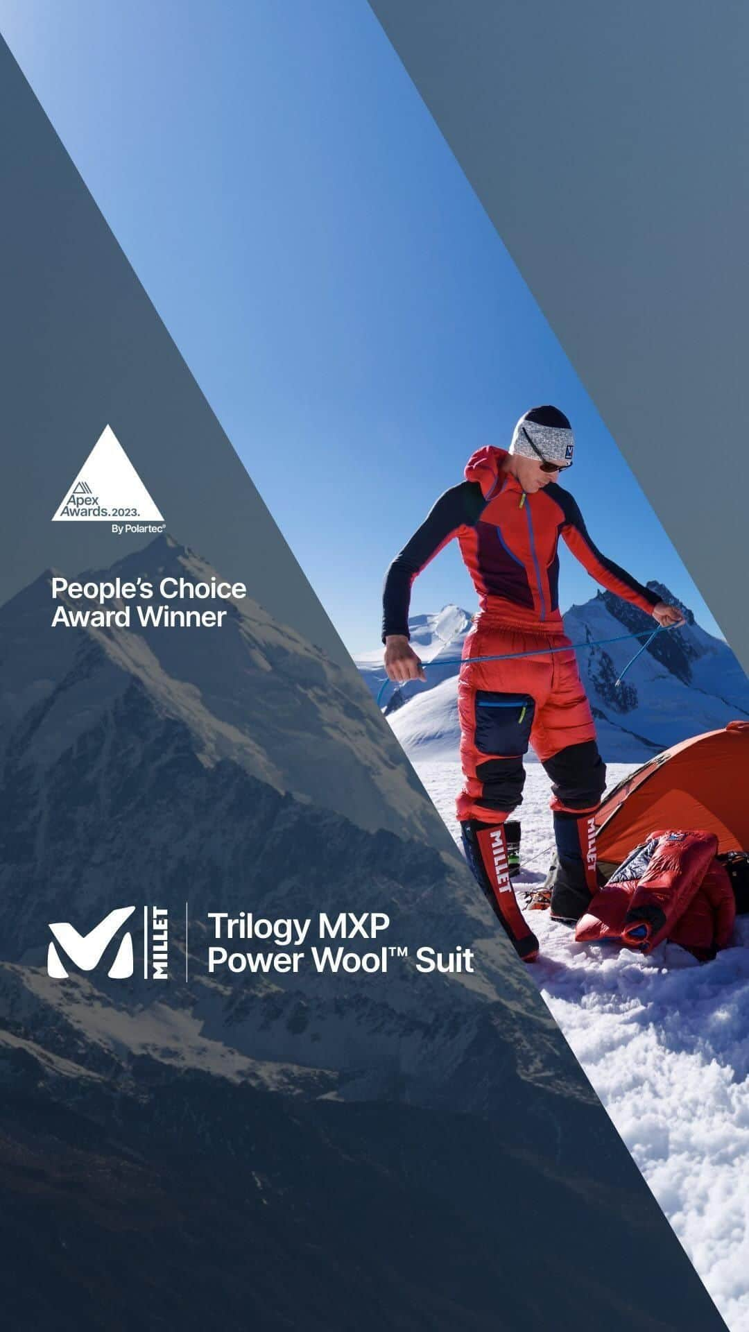 ミレーのインスタグラム：「The die is cast, and this wouldn’t have been possible without all your votes! This year’s People’s Choice Award goes to @millet_mountain. Congratulations on winning this important recognition! 🏆   #MadeToGoBeyond #Polartec #MadeWithPolartec #2023ApexAwards #Millet」