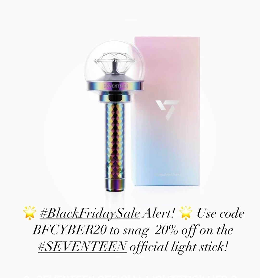 allkpopTHESHOPのインスタグラム：「🌟 #BlackFridaySale Alert! 🌟 Use code BFCYBER20 to snag  20% off on the #SEVENTEEN official light stick!  https://shop.allkpop.com/products/seventeen-official-light-stick-ver-3  #Carat #Kpop #Lightstick #BlackFridayDeals 🛍️」