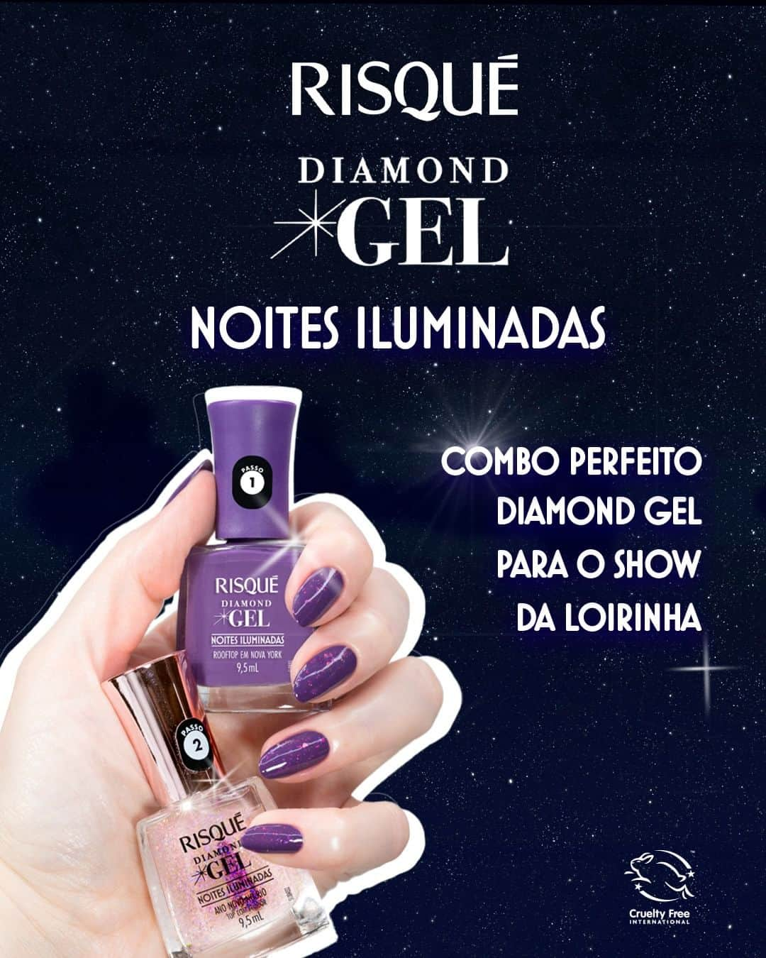 Risqueのインスタグラム：「Um combo para quem foi feita para brilhar. ✨ Mostre como você é cheia de cor e brilho com Risqué Diamond Gel Noites Iluminadas.  E o melhor, são só 2 passos (passo 1: cor + passo 2: top coat fixador) para uma esmaltação com maior durabilidade e um brilho de diamante.  #RisquéDiamondGel #RisquéNoitesIluminadas #EsmaltesRisqué #RisquéOficial #TáNasNossasMãos」