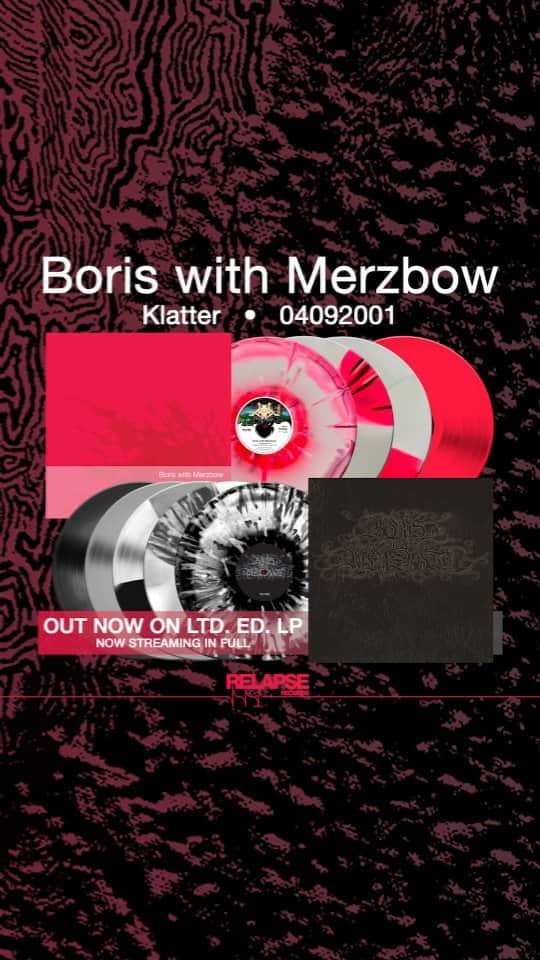 BORISのインスタグラム：「Available on LP for the first time outside of Japan, experimental rock pioneers BORIS & noise mastermind MERZBOW present Klatter, the third collaboration between the two groups, and 04092001, a collaborative album featuring live renditions of the original Heavy Rocks LP!  Out now on LTD edition LP on Relapse.com at bit.ly/boriswithmerzbow  KLATTER  Originally released in 2011, this is a recording of a studio session/collaboration that took place around the time of the release of "Akuma no Uta" in 2003. In addition to the songs from "Akuma no Uta," the album features repetitive hammer beats, a cover of Jane from Germany, and many other krautrock aspects. It was originally released in a limited edition of 1,000 vinyl copies, sold out immediately, and has long since been out of print. This album is also being reissued in its original jacket, which was specially printed at the time.  04092001  This album was originally released only on vinyl in a limited edition of 500 copies, and immediately discontinued. The specially printed jacket is reproduced as faithfully as possible to this original release.  #Boris #Merzbow #BorisWithMerzbow #ExperimentalRock #PostRock #HeavyRock #RelapseRecords #Relapse2023」