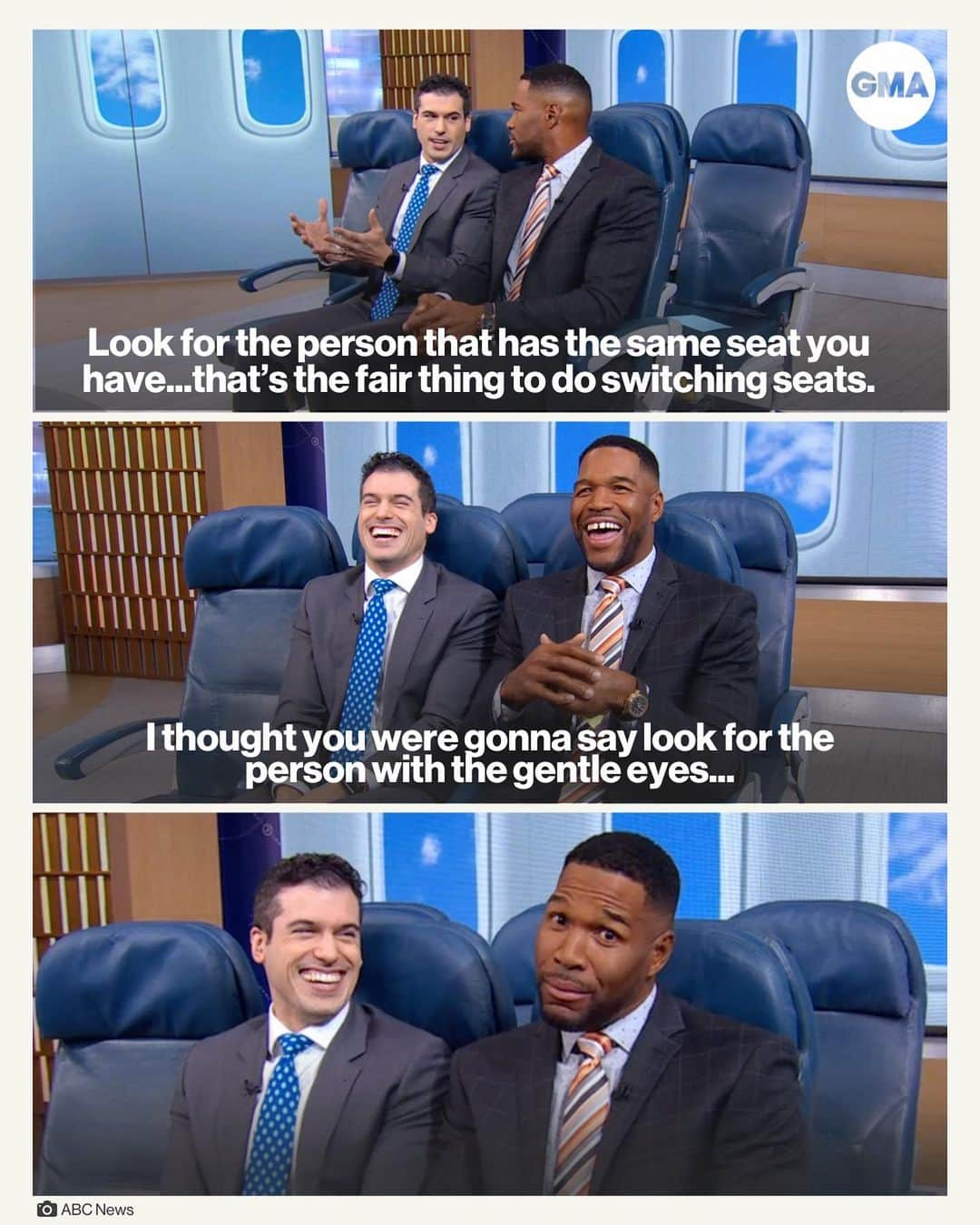 Good Morning Americaのインスタグラム：「If @michaelstrahan hits you with the “gentle eyes” on a flight, he’s trying to switch seats with you. 😂」