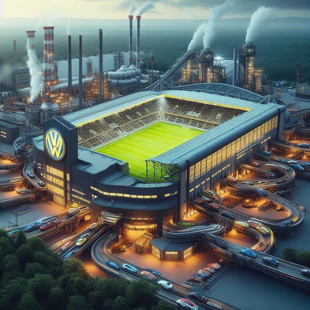 VfLヴォルフスブルクのインスタグラム：「Durch AI generiert: So könnte die Volkswagen Arena aussehen, wenn sie sich an ihrer Umgebung orientieren würde. 🏟️  #vflwolfsburg #immernurdu」