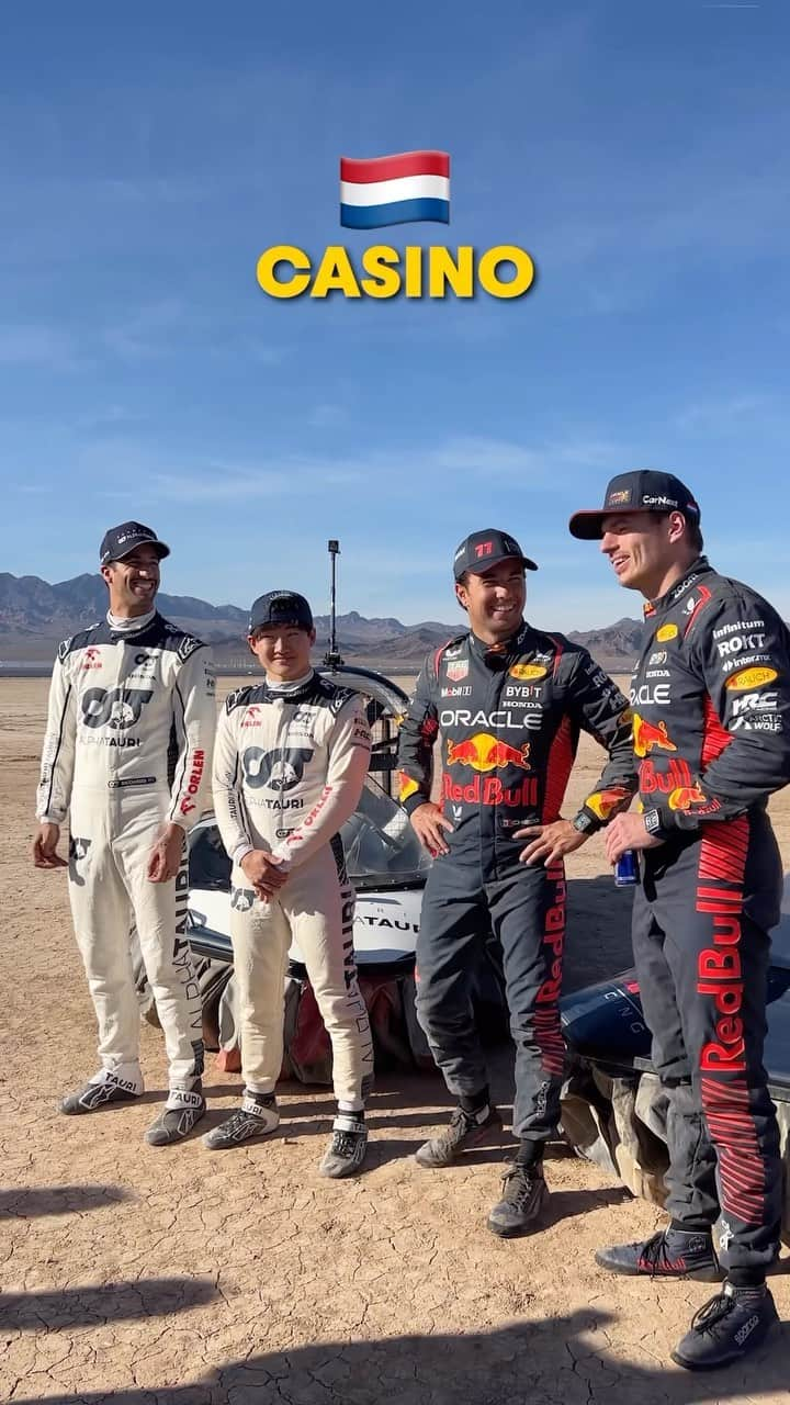 レッドブルのインスタグラム：「taking team communication to the next level 🧠  watch both teams racing hovercrafts on http://youtube.com/redbull 📺  🏁:@maxverstappen1, @schecoperez, @yukitsunoda0511 & @danielricciardo   🛞: @redbullracing & @alphataurif1  #redbull #givesyouwiiings #F1 #motorsports #LasVegasGP」