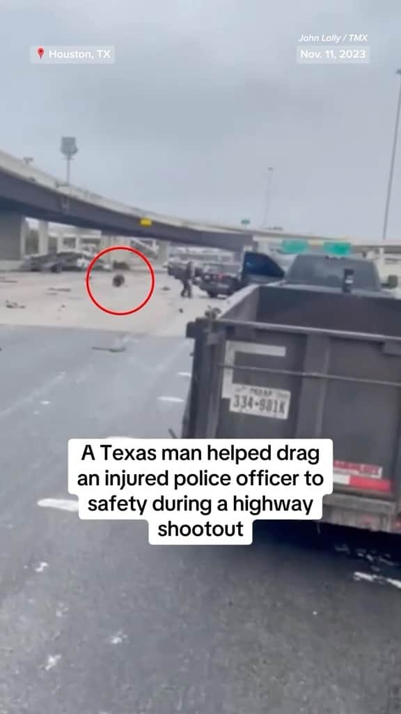 NBC Newsのインスタグラム：「Video shows the moment a Texas man jumped into action to save a police officer who had been shot in the leg during a highway shootout.」