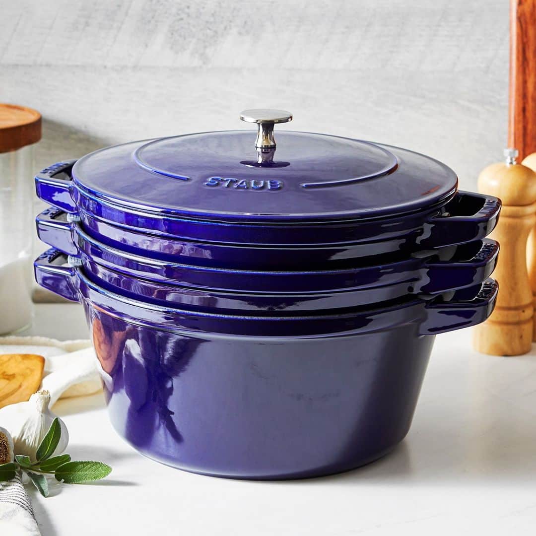 Staub USA（ストウブ）のインスタグラム：「⭐ Early Black Friday Savings ⭐ Save $100 on our stackable set in all colors at the link in our bio. This iconic set includes a cocotte, braiser, grill pan, and a universal lid that perfectly fits every piece. Will you add this space-saving set to your collection? #madeinstaub」