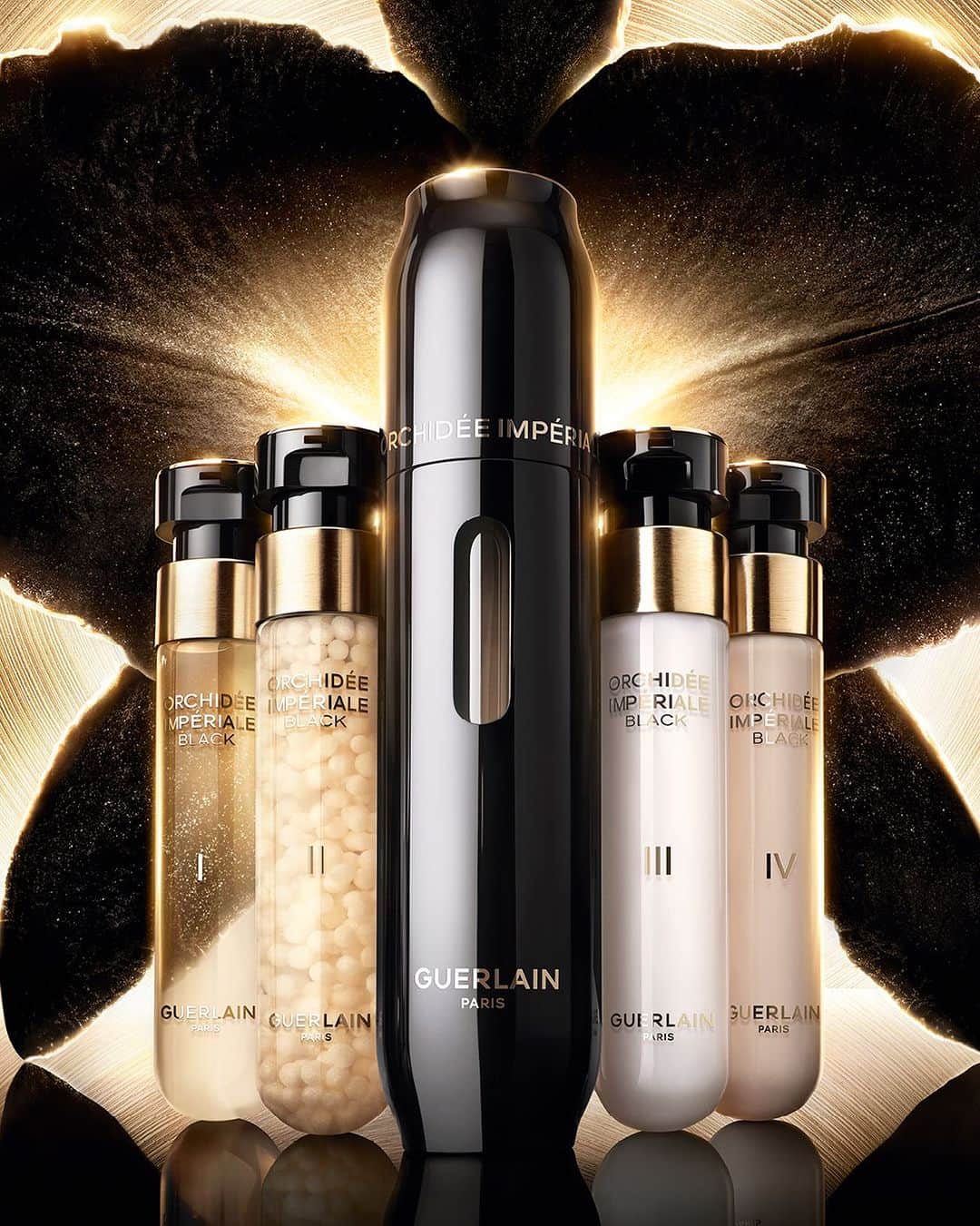 ゲランのインスタグラム：「The quintessence of Guerlain age-defying science. Discover Orchidée Impériale Black: The Treatment, the ultimate imu-reprogramming protocol, born of over 15 years' intense research. A powerful cumulative action powered by 30% active ingredients, bringing about skin's visible rebirth in just four weeks. —— #GuerlainSkincare #Skincare #SkincareLuxury #AntiAgeingSkincare」