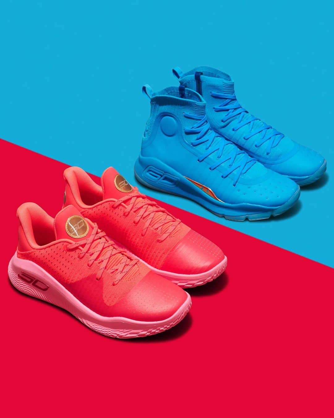 Under Armour Basketballのインスタグラム：「🔴 or 🔵?   The “Flooded” Curry 4 FloTro Low and Curry 4 Retro JUST DROPPED.」