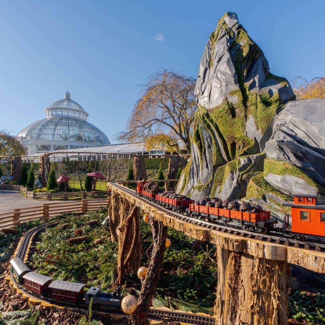 ニューヨーク植物園のインスタグラム：「TONIGHT is the big night—the Holiday Train Show opens with NYBG GLOW kicking off at 5 p.m., and we can't wait to share it with you! 🚂💡⭐️  Want to join in? Be the first to see the ALL-NEW outdoor train display featuring enchanted mountainscapes and other fantastical details on the lawn. Then head inside for a cozy view of model trains zipping past nearly 200 iconic New York landmarks under the warmth of the Conservatory. And with our dazzling outdoor spectacle of lights and sound to explore, GLOW makes for the perfect opportunity to capture your holiday photos. 📸  Visit the link in our bio to get your tickets now as we head into opening weekend, and follow along with our story updates tonight and throughout the weekend as we share peeks into NYC's favorite holiday tradition!  #HTSNYBG #NYBGglow」