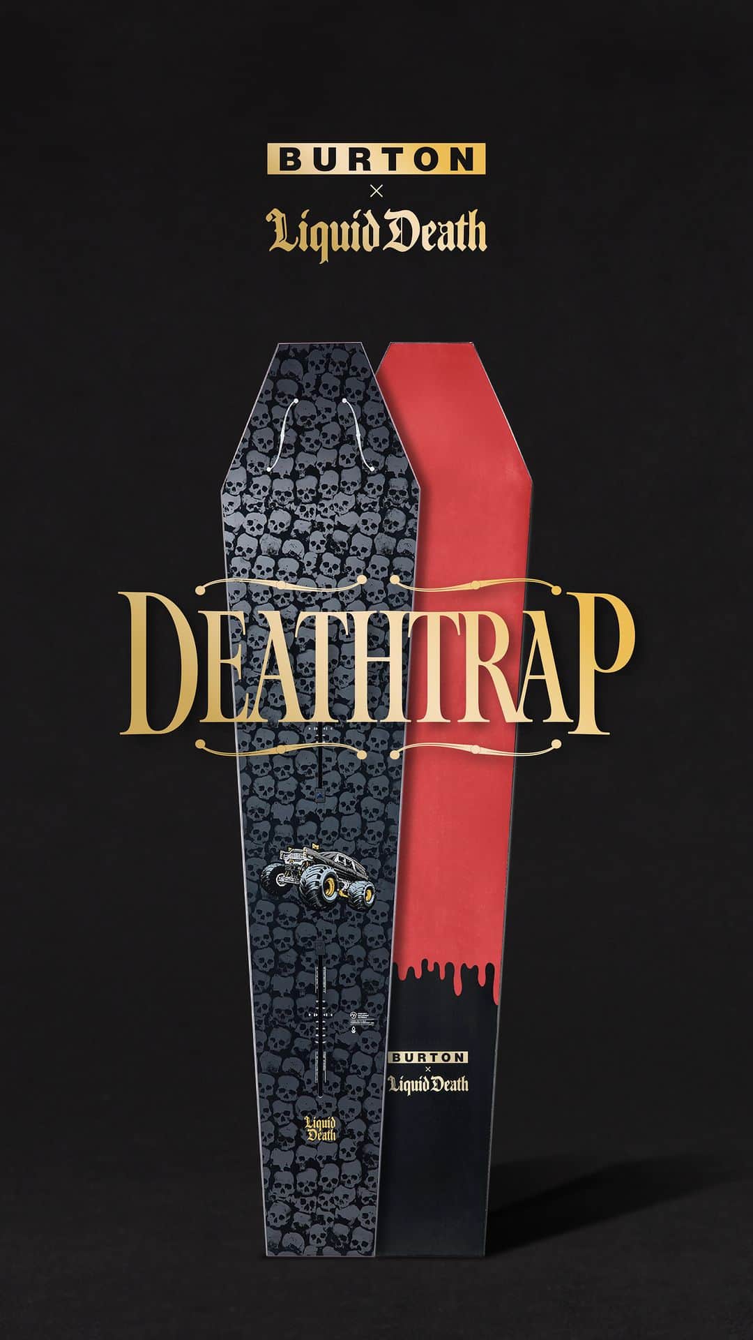 アナログクロージングのインスタグラム：「Whatever you do, do not ride the new Deathtrap from @liquiddeath and @burtonsnowboards. With no sidecut, no camber, and no rocker, this board is so extreme even pros like @robroethler can’t ride it.  Only 50 exist. Get yours before it gets you. Link in bio.  #Burton #snowboarding #liquiddeath #deathtoplastic」