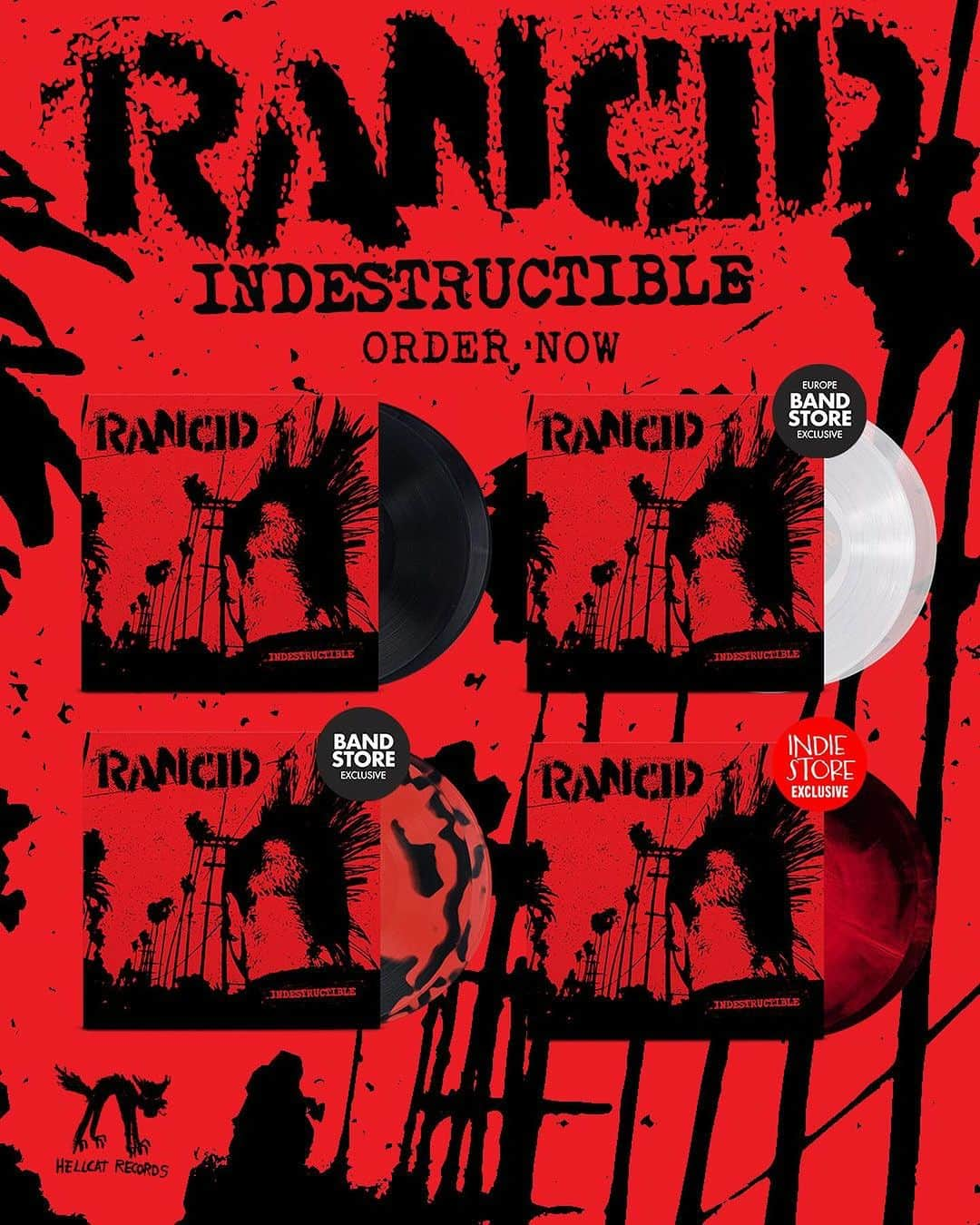 Rancidのインスタグラム：「To celebrate Indestructible's 20th birthday, we have pressed some limited vinyl available now at the Rancid store and at your local record shop! Plus assorted merch is also on sale at our store and all orders $100+ get a free shot glass flask set. Check it out at the link in our bio.」