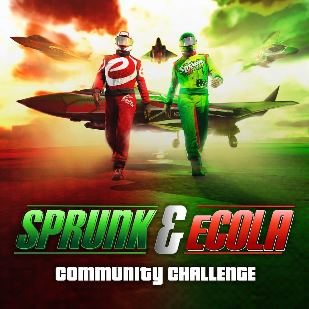 ロックスター・ゲームズのインスタグラム：「As the Sprunk & eCola Challenge enters its second week, we’re pleased to report that you’re nearly halfway to the goal of drinking 100,000,000 Sprunk and eCola cans by November 29.   Continue crushing those cans to earn the custom Sprunk and eCola vanity license plates, the Sprunk x eCola branded livery for the Mammoth F-160 Raiju, and a Sprunk x eCola Bodysuit.」