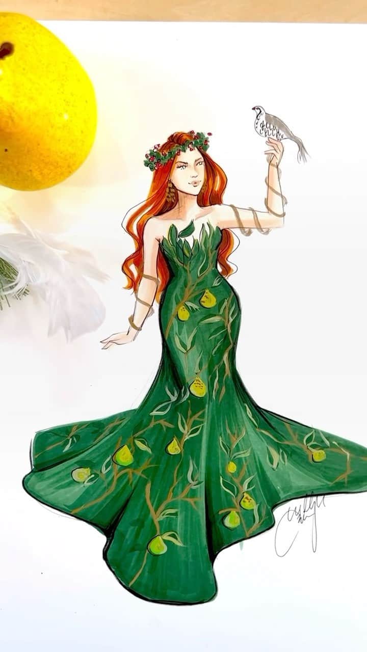 Holly Nicholsのインスタグラム：「A Partridge in a Pear Tree 🕊️🍐 #12daysofchristmas #partridgeinapeartree #fashionillustration #christmasart #illustration #asmr #copic」