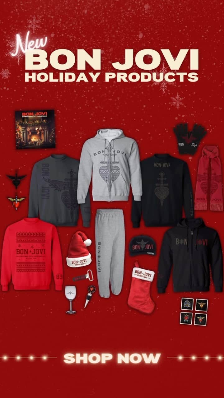 Bon Joviのインスタグラム：「It’s a Bon Jovi Christmas! 🎁 Rock around in our NEW holiday merch fit for you and all the stars in your life. 🌟 Link in bio to shop」