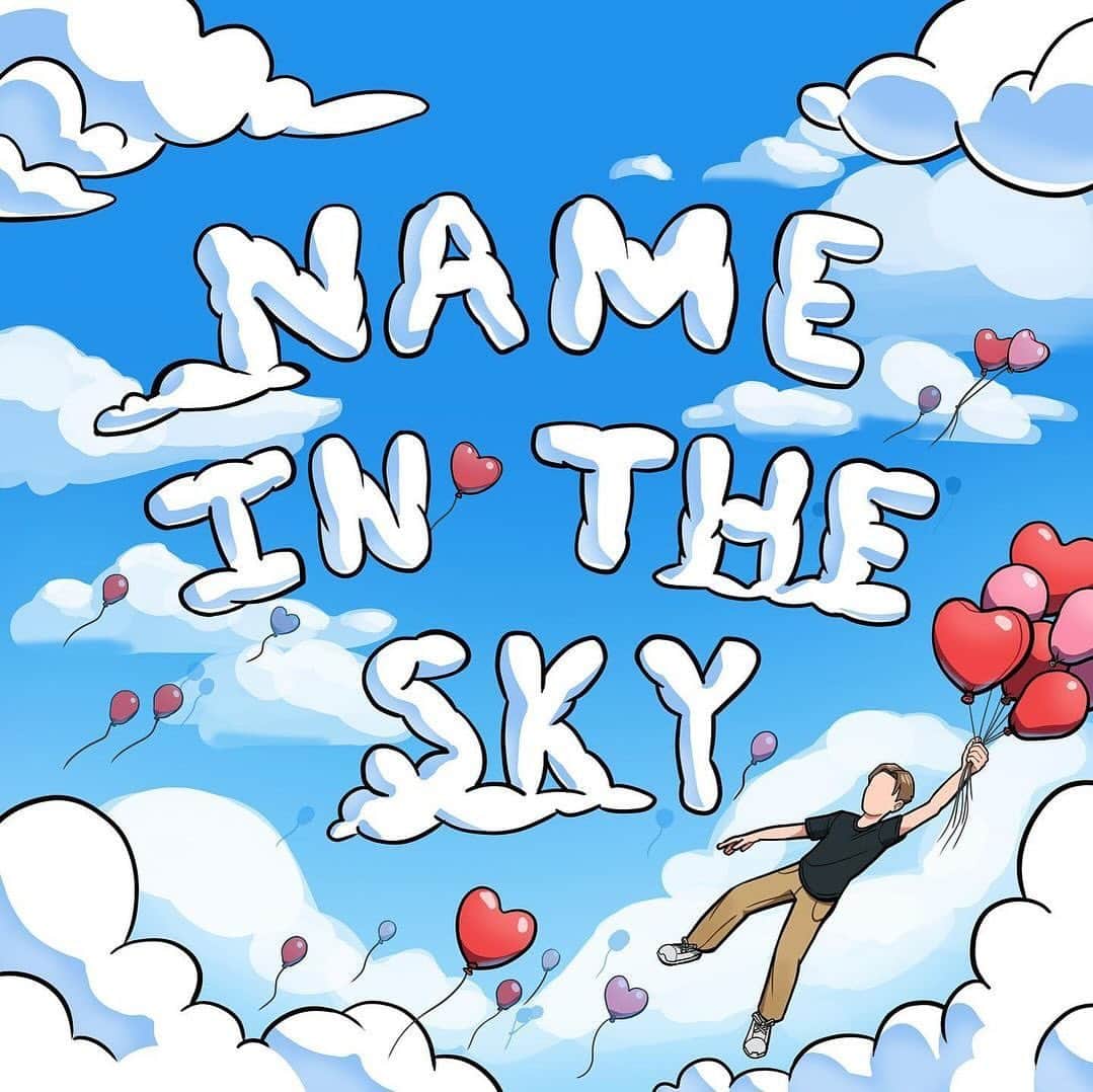 シーアのインスタグラム：「My bonus son @audioclayton just put this sweet little nugget out! Go have a listen at the link in my bio! He’s been my bonus baby since he was 3!  [image description: the animated version of Audio’s single “Name In The Sky” with clouds spelling out the single name and Audio floating with heart balloons]」
