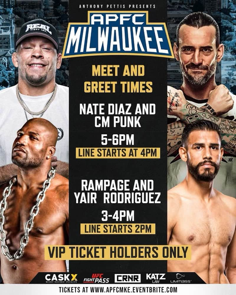 クイントン・ジャクソンのインスタグラム：「OFFICIAL #APFC9 MEET AND GREET TIMES 🚨🚨  This Sunday night, we’re bringing out the stars to close 2023 in style! All VIP ticket holders get access to a meet & greet special! 🔥  Between 3 and 4 PM, stop in to meet former UFC Champions Rampage Jackson and Yair Rodriguez 💥💥  Then, between 5-6PM, you’ll get to meet one of the baddest fighters in the game, Nate Diaz, and worldwide wrestling icon CM Punk 🤯🤯  Make sure you get your tickets before it’s too late, only limited tickets remain! 👀  🎟️ APFCMKE.EVENTBRITE.COM」