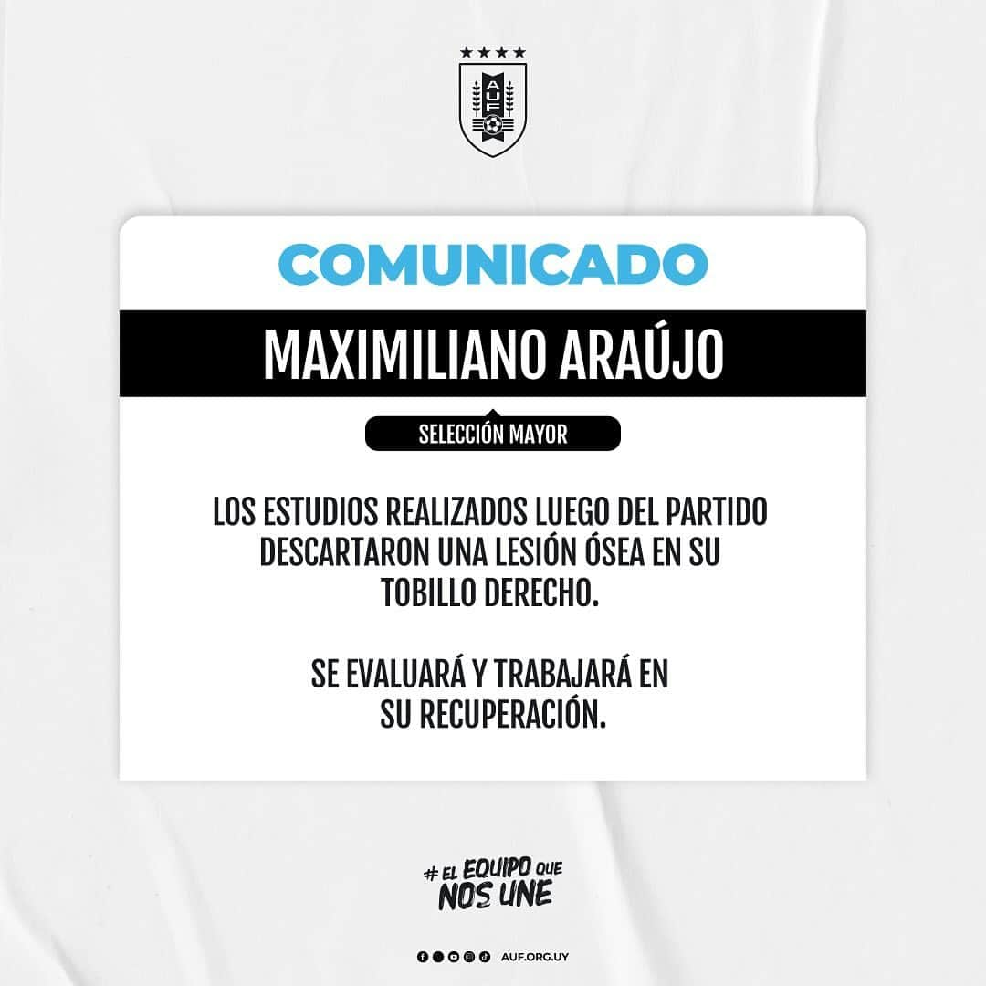 サッカー ウルグアイ代表チームのインスタグラム：「📄 𝗖𝗢𝗠𝗨𝗡𝗜𝗖𝗔𝗗𝗢   Información sobre Maxi Araújo, que se retiró lesionado del partido con Argentina por Eliminatorias.   #ElEquipoQueNosUne」