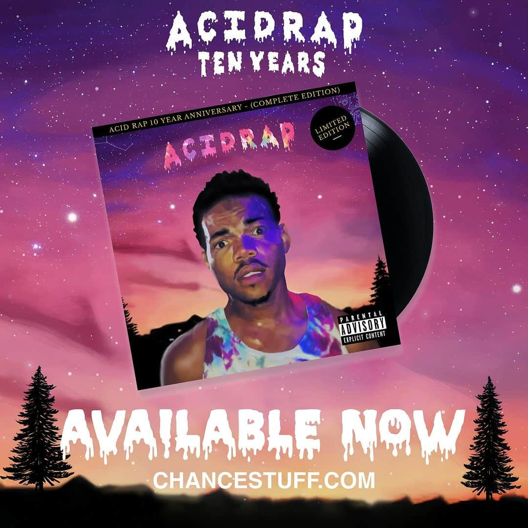 チャンス・ザ・ラッパーのインスタグラム：「ACID RAP 10 YEAR ANNIVERSARY (Complete Edition) VINYL AVAILABLE NOW✨ CHANCESTUFF.COM #AcidRap10  💿💿💿」