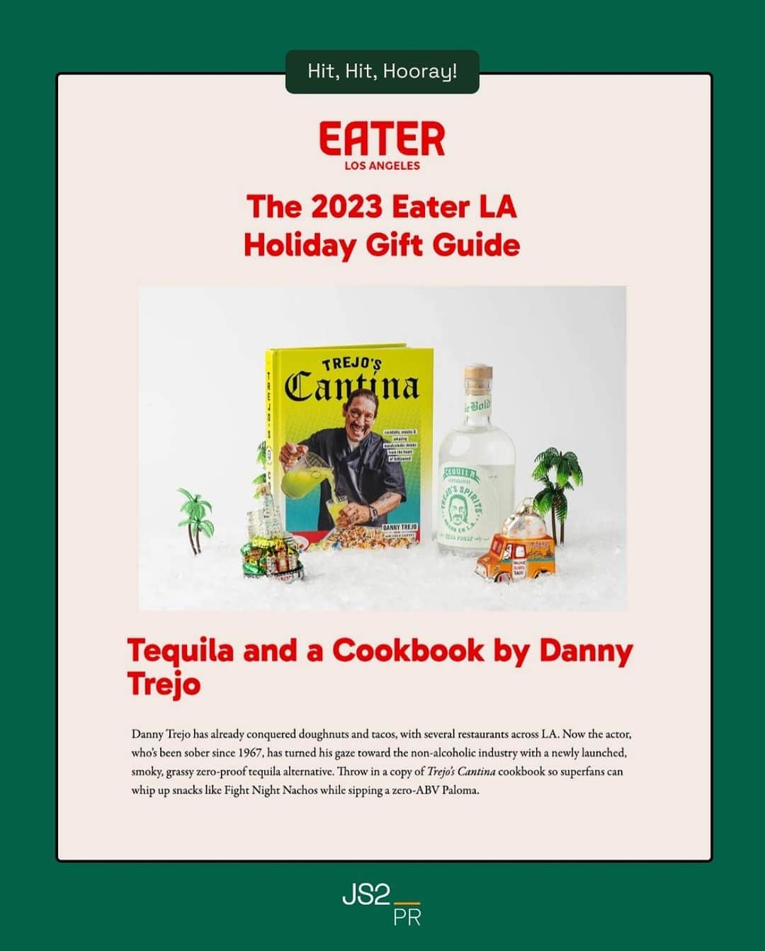 ダニー・トレホのインスタグラム：「Searching for that perfect, thoughtful gift for someone special? Look no further, @officialdannytrejo has you covered!🎉  We were so excited to see @trejosspirits featured in @eater_la ‘s 2023 Holiday Gift Guide! 🎁 @karenlpalmer 's brilliant showcase not only highlights Danny's exciting venture into the non-alcoholic scene with his new zero-proof tequila alternative, but also puts a spotlight on the culinary brilliance found in his cookbook, Trejo's Cantina!🍹📖  This recognition amplifies our ability to craft narratives that resonate, creating a buzz around groundbreaking ventures and captivating products. It's a testament to the collaborative efforts between our team and clients. Cheers to celebrating the spirit of the holidays with Trejo's Spirits!🥂  Check out the full guide in our bio!   📷: @wonhophoto  📝: @karenlpalmer」