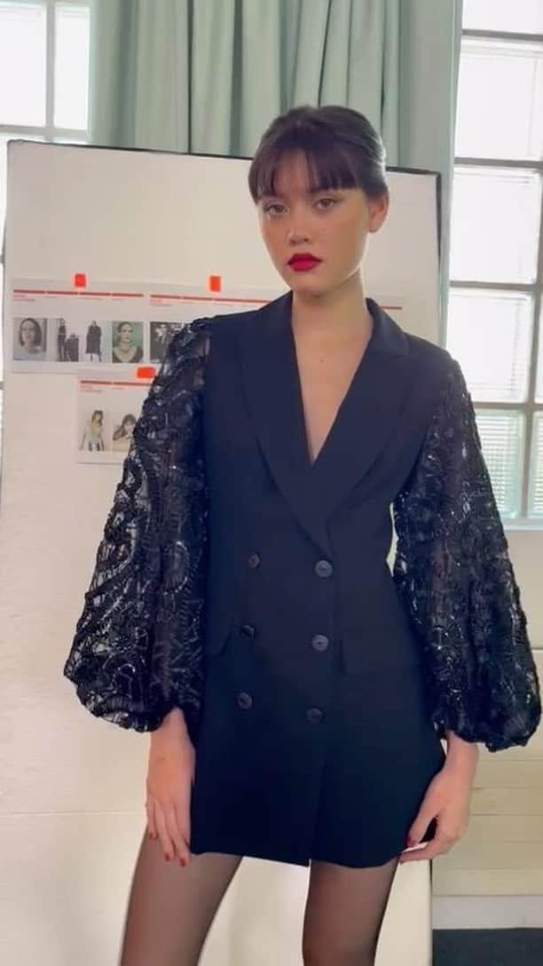 アンフォンテーヌのインスタグラム：「Dial up the glamour (& your confidence) in the new AKIO jacket dress.   Coming soon.✨✨✨   #annefontaine #designerannefontaine #cocktaildressing #parisianchic」