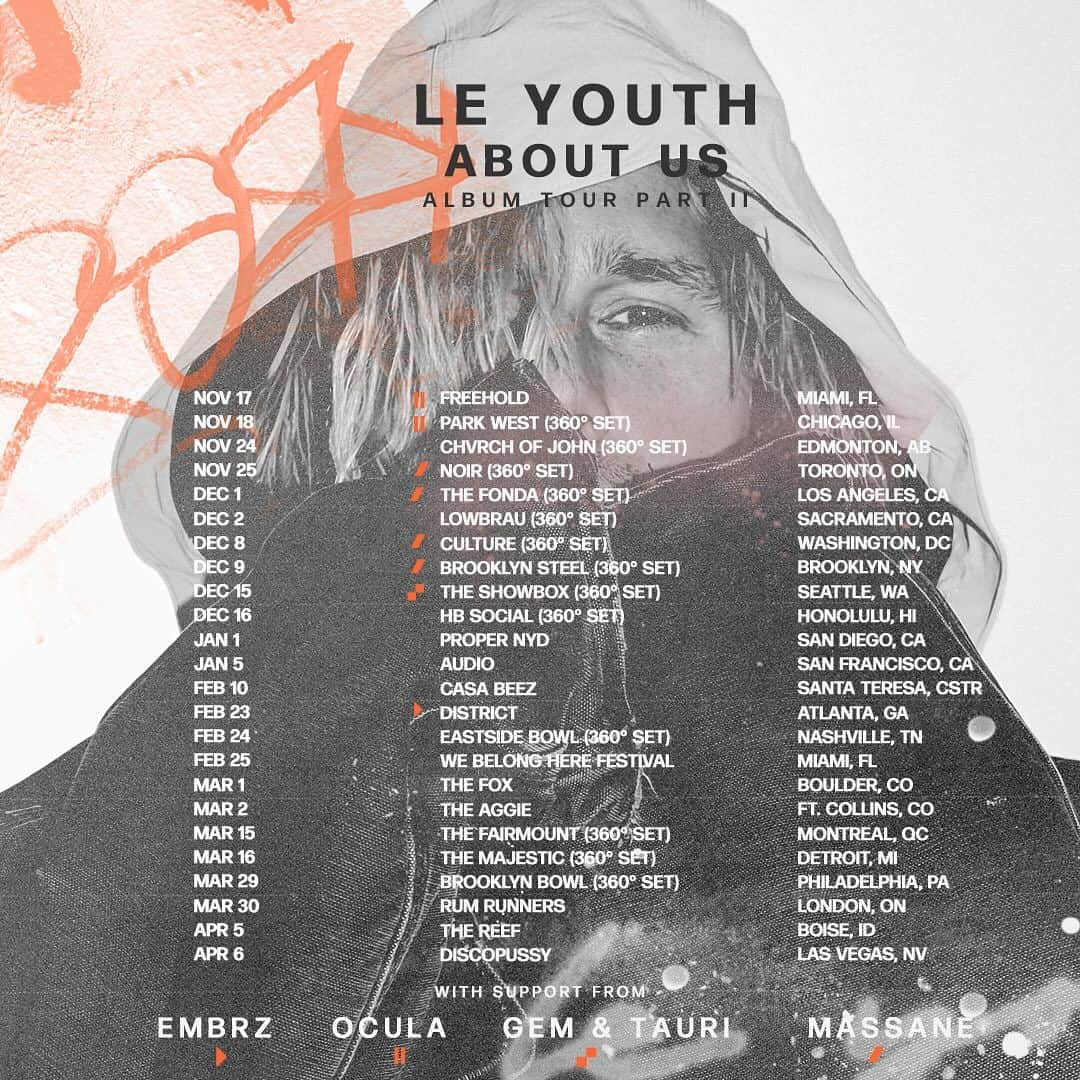 ル・ユースさんのインスタグラム写真 - (ル・ユースInstagram)「all tckts on sale now for the 𝗔𝗕𝗢𝗨𝗧 𝗨𝗦 tour part II 😅  link in bio or go to www.leyouth.com  also there were a few errors on yesterday’s poster that I should have caught. my bad.   *the Toronto show WILL be 360°   *Massane IS playing Noir in Toronto  *and as much as I’d love to throw down in Nashville, Indiana… the show is actually in Nashville, Tennessee! 🙃」11月18日 5時26分 - leyouth