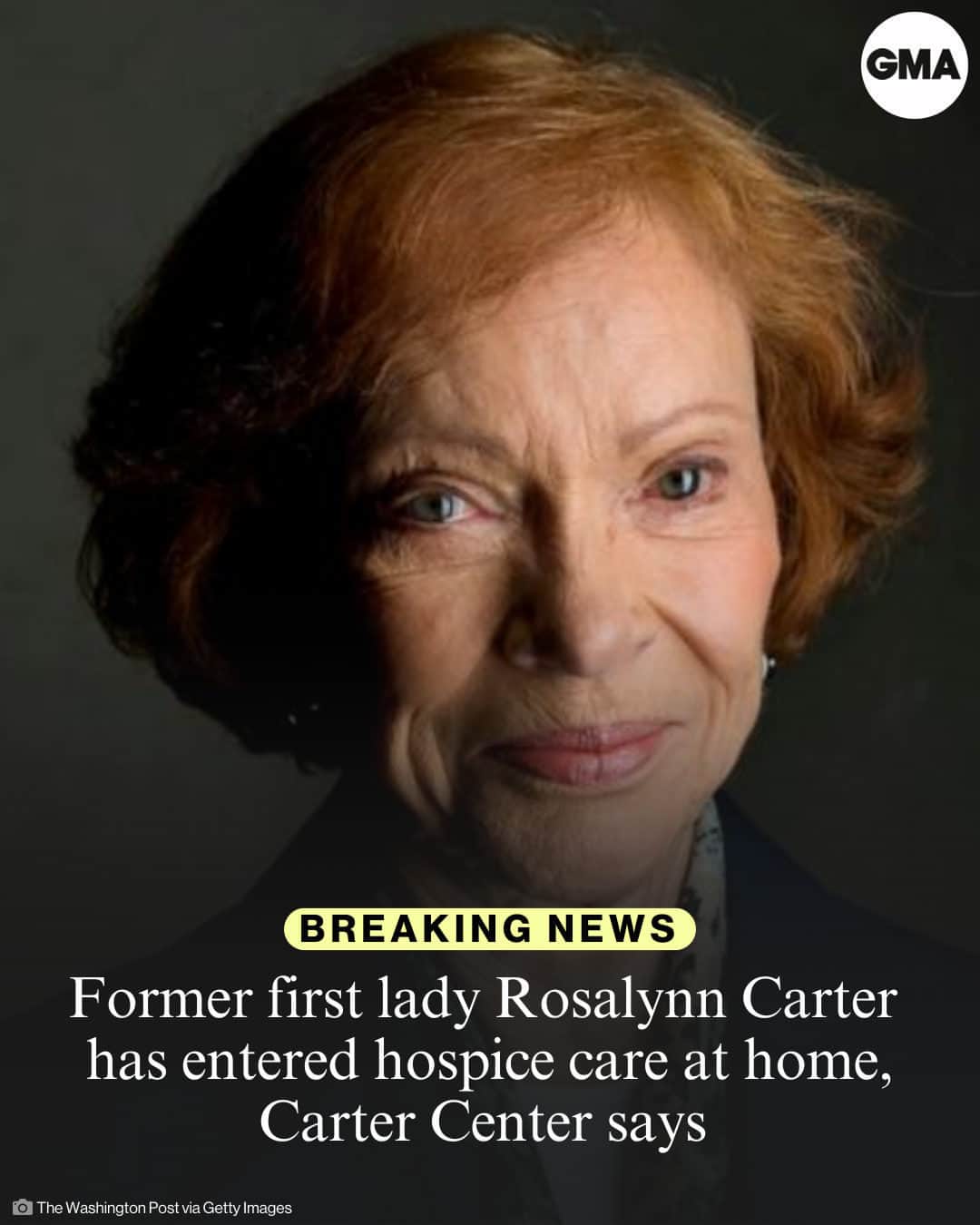 Good Morning Americaのインスタグラム：「Former first lady Rosalynn Carter has entered hospice care at home, nine months after her husband, former President Jimmy Carter, started hospice care.  Rosalynn Carter, 96, and "President Carter are spending time with each other and their family," their grandson said in a statement Friday.  In May, the Carter Center said the former first lady had been diagnosed with dementia.  "She continues to live happily at home with her husband, enjoying spring in Plains, [Georgia], and visits with loved ones," The Carter Center said in a statement at the time.  More at link in bio.」
