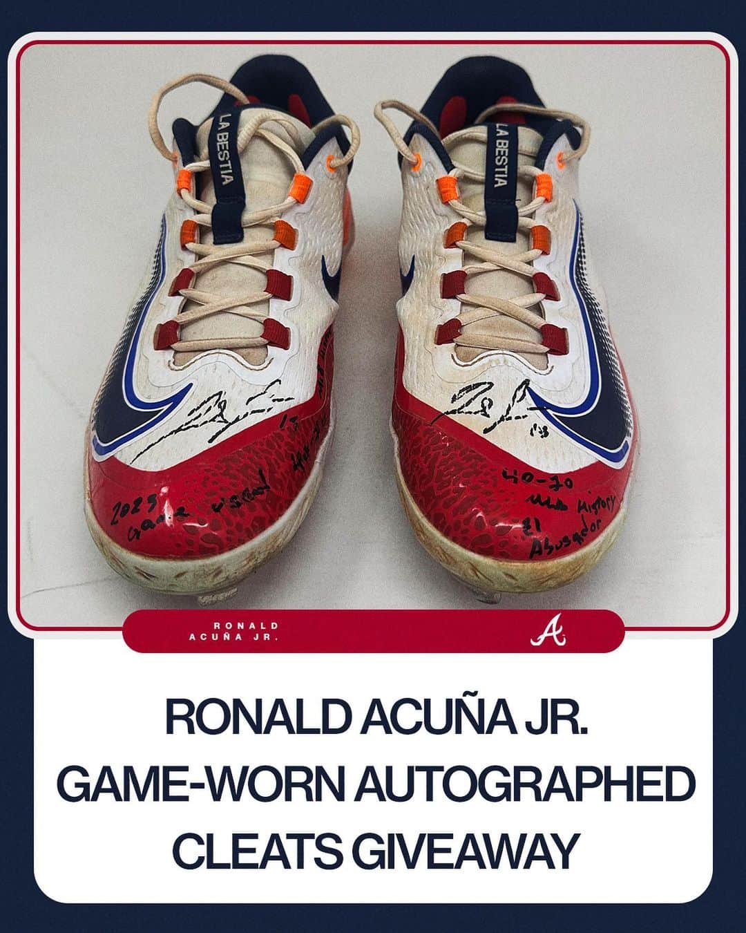 MLBさんのインスタグラム写真 - (MLBInstagram)「NL MVP Ronald Acuña Jr. wants to give away some signed game-worn cleats!  Like this post and follow @ronaldacunajr13 for a chance to win.」11月18日 5時49分 - mlb