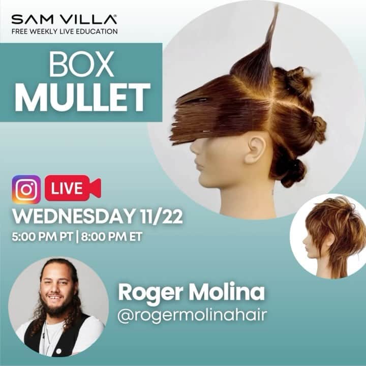 Sam Villaのインスタグラム：「PUT IT IN YOUR CALENDAR AND SET YOUR REMINDERS! ⁠ ⁠ #Mullets are of the moment right now! Learn from Sam Villa ArTeam Member, Roger Molina / @rogermolinahair, how you can seamlessly create this cut to be worn by any & all genders who want a cool, effortless style. Tune into this IG live as Roger cuts this wolf mane-inspired cut with a rock-n-roll vibe live! Learn how to create this cool-kid cut that requires minimal styling, perfect for your get-up-and-go guests.⁠ ⁠ - Hear how to approach this cut with simple sectioning to tackle this cut quickly⁠ ⁠ - Learn how to create strength in this shape with 90 degree elevation & overdirection⁠ ⁠ - See how to minimally style this cut for an effortless finish⁠ ⁠ #SamVilla⁠ #SamVillaCommunity⁠ #SamVillaArTeam⁠ .⁠ .⁠ .⁠ .⁠ .⁠ #haircutting #samvilla #hairtutorial #hairvideo #haircut #hairstylist #behindthechair #modernsalon #americansalon」