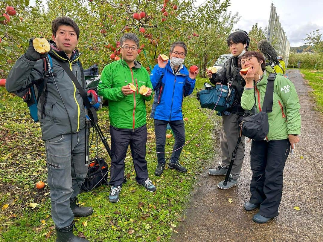 高坂友衣さんのインスタグラム写真 - (高坂友衣Instagram)「. 今日のハッピィ中継は 相馬克彦りんご園から🍎  今が旬！ 収穫真っ只中の 青森りんご！！  もぎたてりんご、 ほんと、うんまい！！！ 瑞々しさも甘みも酸味も香りも最高！！  聞いたことも食べたことのない品種・アンビシャス。 食感は梨に近いのかな？ さくっとした食感にジューシーな果汁。これも美味しい🍏  メイポール×華宝のジュースも 酸味が効いていてすっきり美味しい🍎  青森のりんごは世界一☝️ 澄佳さん、ありがとうございました！！ #剪定鋏でりんご剥く #りんご農家あるある ？」11月18日 16時50分 - yui_kosaka828