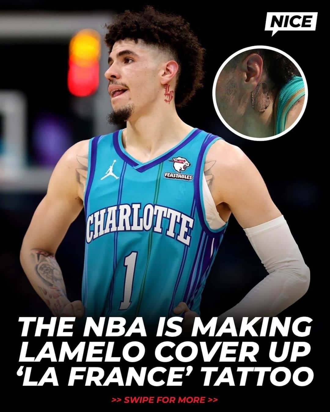 Nice Kicksのインスタグラム：「The NBA is requiring LaMelo Ball to cover up his “La France” tattoo under his left ear for violating the NBA’s rule against displaying logos on players’ bodies 😳🏀  La France is Melo’s personal personal lifestyle brand and recently collaborated with PUMA on a colorway of his third signature sneaker 👀」