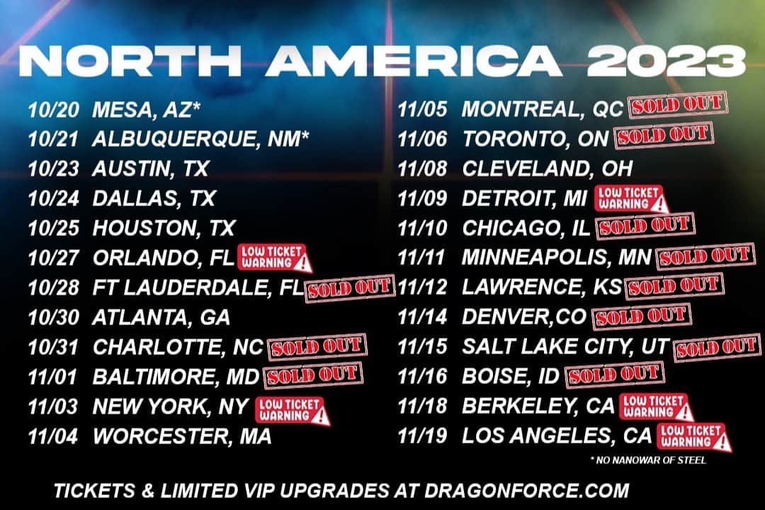 DragonForceのインスタグラム：「LOW TICKET WARNING!!   There are limited tickets left for our last two shows at @theuctheatre and @thewiltern on our headlining North American tour!! Grab 'em while you can, click the link in our bio to purchase!   BOISE!! You guys ROCK!! Such a fun show. Thanks for coming out!!   Shout out to @bbq4lifeboise for giving some sweet BBQ. Make sure you check them out!!   BERKELEY!! You're next. See you then.   📸: @harrybabyjpg」
