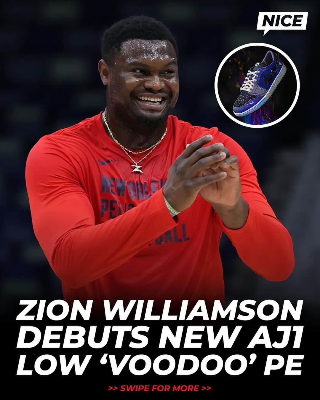 Nice Kicksのインスタグラム：「Zion Williamson debuts new “Voodoo” Air Jordan 1 Low PE ahead of tonight’s game against the Nuggets. Who wants to see these release? 🤔🔮」