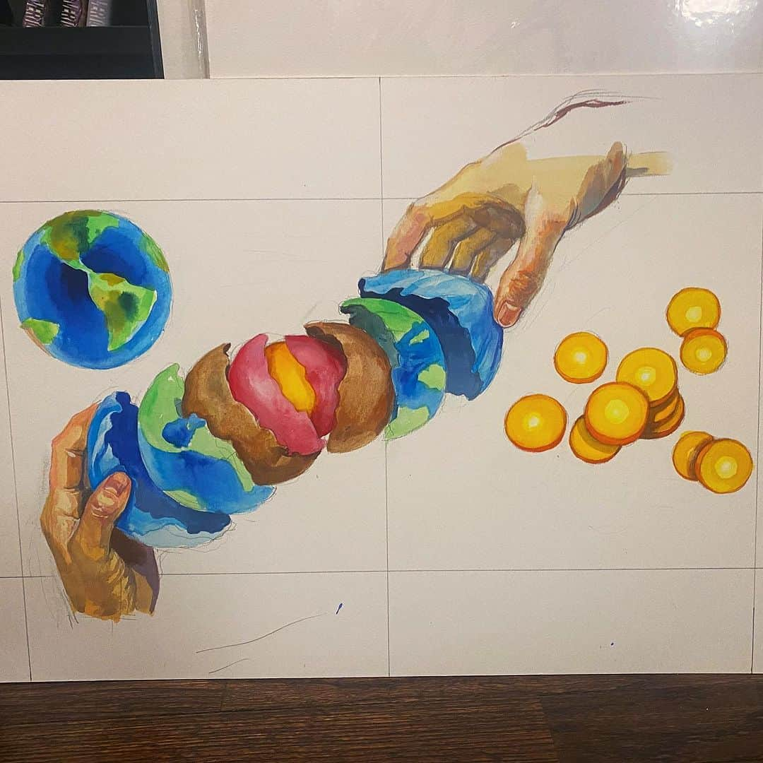 チョーヒカルさんのインスタグラム写真 - (チョーヒカルInstagram)「Some painting process 🖼️ 🎨  「まるごとうちゅうカレー」原画制作のプロセスです👾 大体自分の手をモデルに描いてたよ！ どうやらどこかで原画展もあるみたいです！！！！！」11月18日 10時42分 - hikaru_cho