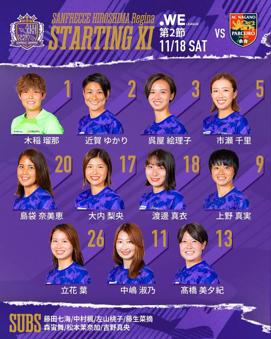 島袋奈美恵のインスタグラム：「. 🟣WEリーグ 第2節🟣 #AC長野パルセイロ・レディース 戦 ⚽️14:00kickoff 🏟 長野Uスタジアム  ／ メンバー発表 ＼  【STARTING LINE-UP】 GK #木稲瑠那   DF #近賀ゆかり  #呉屋絵理子 #市瀬千里 #島袋奈美恵  MF #大内梨央 #渡邊真衣 #上野真実 #立花葉 #中嶋淑乃  FW #髙橋美夕紀  【SUB】 #藤田七海 #中村楓  #左山桃子 #藤生菜摘 #森宙舞  #松本茉奈加 #吉野真央  #サンフレッチェ広島レジーナ」