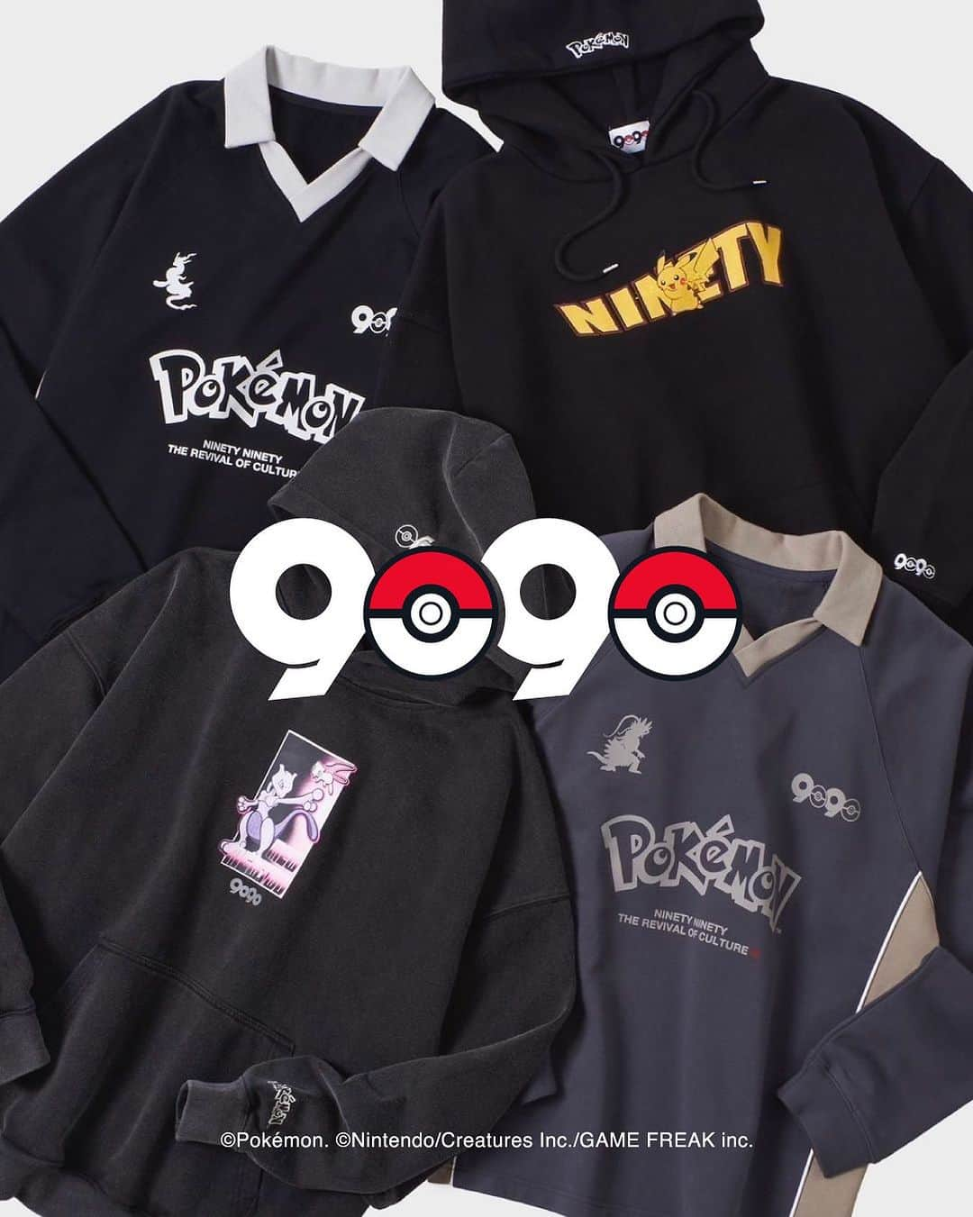 ステュディオスのインスタグラム：「大好評企画第三弾 9090 Pokémonコレクション本日発売開始。 過去と未来をテーマにアイテムを制作。伝説のポケモン「コライドン」、「ミライドン」を配したプルオーバーや、根強い人気を誇るポケモン「ミュウ」「ミュウツー」を配したフーディ、そして前回ご好評アイテムの再販を含めた10型が発売。   @pokemon  @pokemon_jpn  @9090s_  @studious_official   #pokemon #ポケモン #ポケモンsv  #9090 #9090s #ナインティナインティ  #studious #ステュディオス  ©Pokémon. ©Nintendo/Creatures Inc./GAME FREAK inc. TM, ®, and character names are trademarks of Nintendo.」