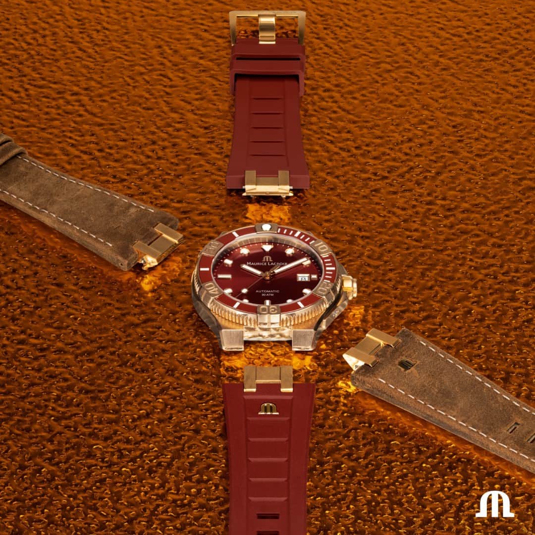 モーリスラクロアのインスタグラム：「With the AIKON Venturer Burgundy Asia Edition you can easily switch between a burgundy rubber strap or a vintage-style brown leather strap. Which one is your favourite? #PulseOfTheCity #YourTimeIsNow #BeYourAIKON」