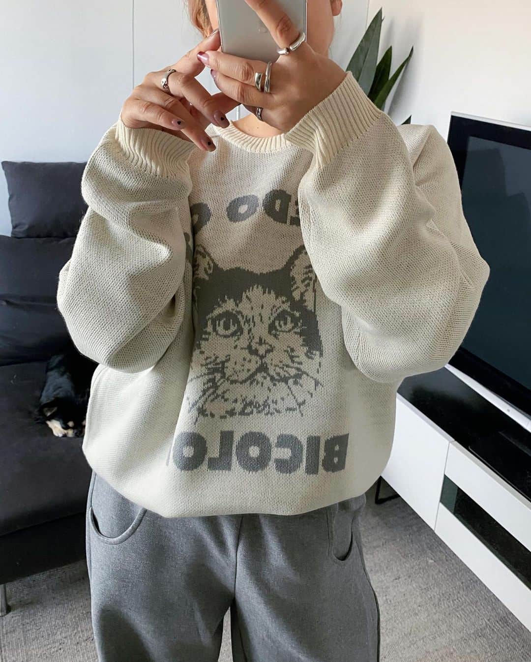 S E I K Oのインスタグラム：「.  🐱ちゃん柄がかわいい😚 @official.corisco  のニットソーだよ✍️  程よい保湿性もあって着心地もいい👌 ニット素材なのに着膨れしにくいのもいいよね🤍 ユニセックスで着られるよん✨  チワワないかなぁー😚笑　 ______________________________   #PR#corisco#コリスコ #カジュアル#ZOZOTOWN#冬服#冬コーデ#冬ファッション#カジュアルコーデ#ニットコーデ」