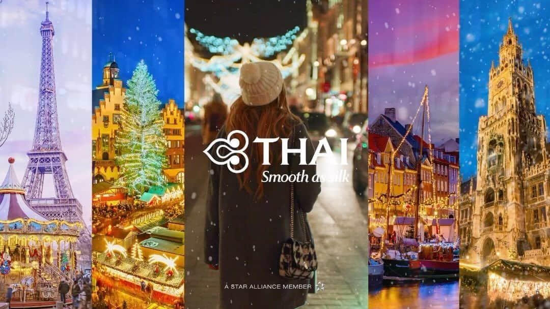 タイ航空のインスタグラム：「เที่ยวคริสต์มาส เพลิดเพลินกับความสวยงามในเทศกาลเฉลิมฉลองประเทศไหนดี ในยุโรป การบินไทยบอกเลยปังทุกที่ บินตรงสู่ ลอนดอน ปารีส แฟรงก์เฟิร์ต มิวนิก โคเปนเฮเกน สตอกโฮล์ม และน้องใหม่ที่บินได้เลยไม่ต้องขอวีซ่า อิสตันบูล ✈️💜 สัมผัสประสบการณ์ใหม่อีกครั้งจองเลย👉  thaiairways.com  ……………………………….  Celebrate Christmas in style with Thai Airways! ✈️💜 Immerse yourself in the festive wonders of London, Paris, Frankfurt, Munich, Denmark, Stockholm, and the spirited Istanbul—all just a direct flight away! 🎄✨ No visa needed for Istanbul, making your holiday planning stress-free! 🇹🇷✈️ Experience the joy of the season in these enchanting.destinations. Book your tickets now at thaiairways.com or click link our bio for a Christmas adventure like no other! 🌍🎁   #thaiairways #smoothassilk #paris #london #copenhagen #munich #frankfurt #stockholm #istanbul #europetrip #Europe #ChristmasTravel #ThaiAirwaysAdventures #FestiveMagic」