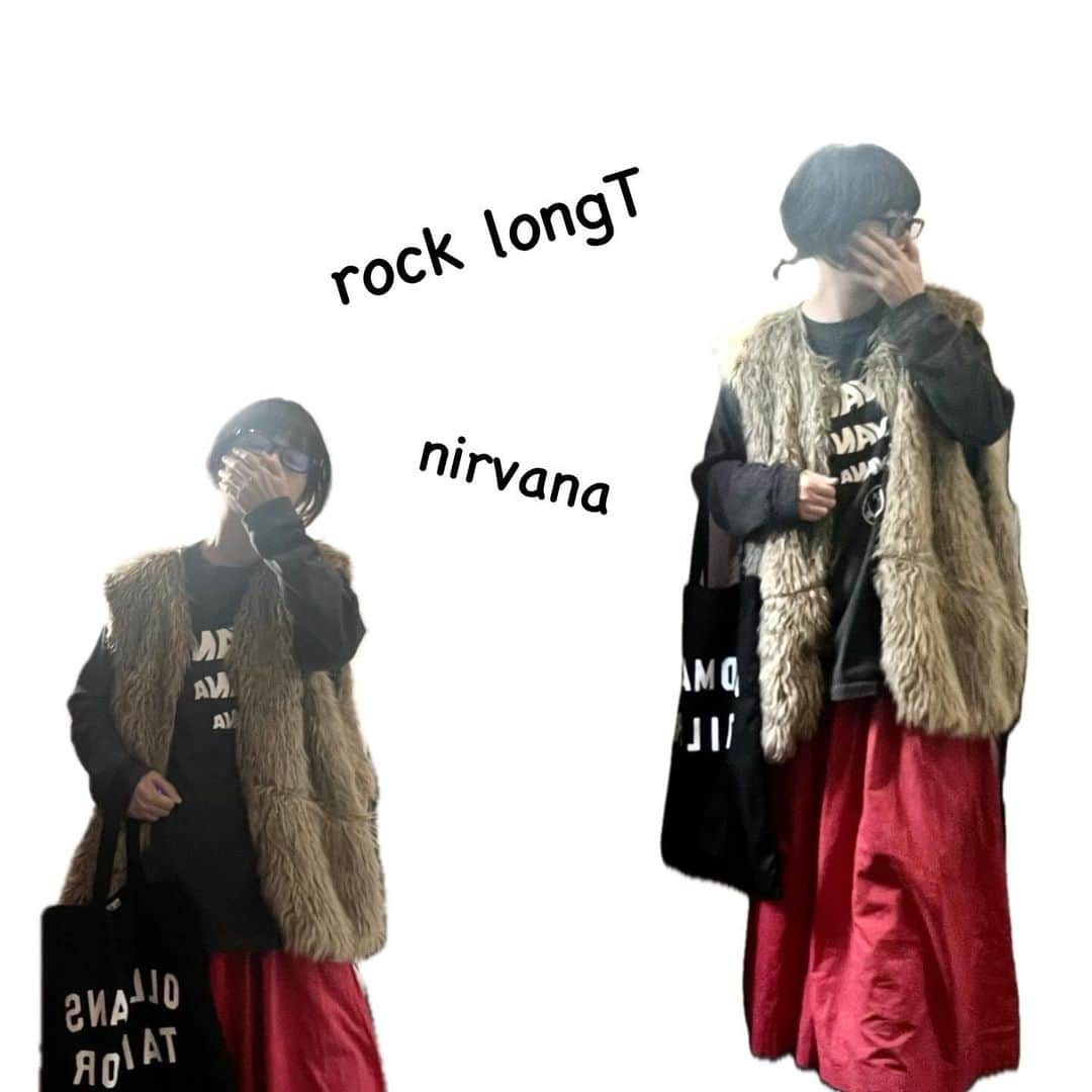 こはるのインスタグラム：「・ ・ またたびふたたび。  good rock speedのnirvanaロックT。 袖先リブのロンTが好き。  #instafashion #fashion #me #着画 #sunnysports #goodrockspeed #nirvana #jsluxe #oldmanstailor  #今日のん #今日の服 #楽天roomに載せてます」