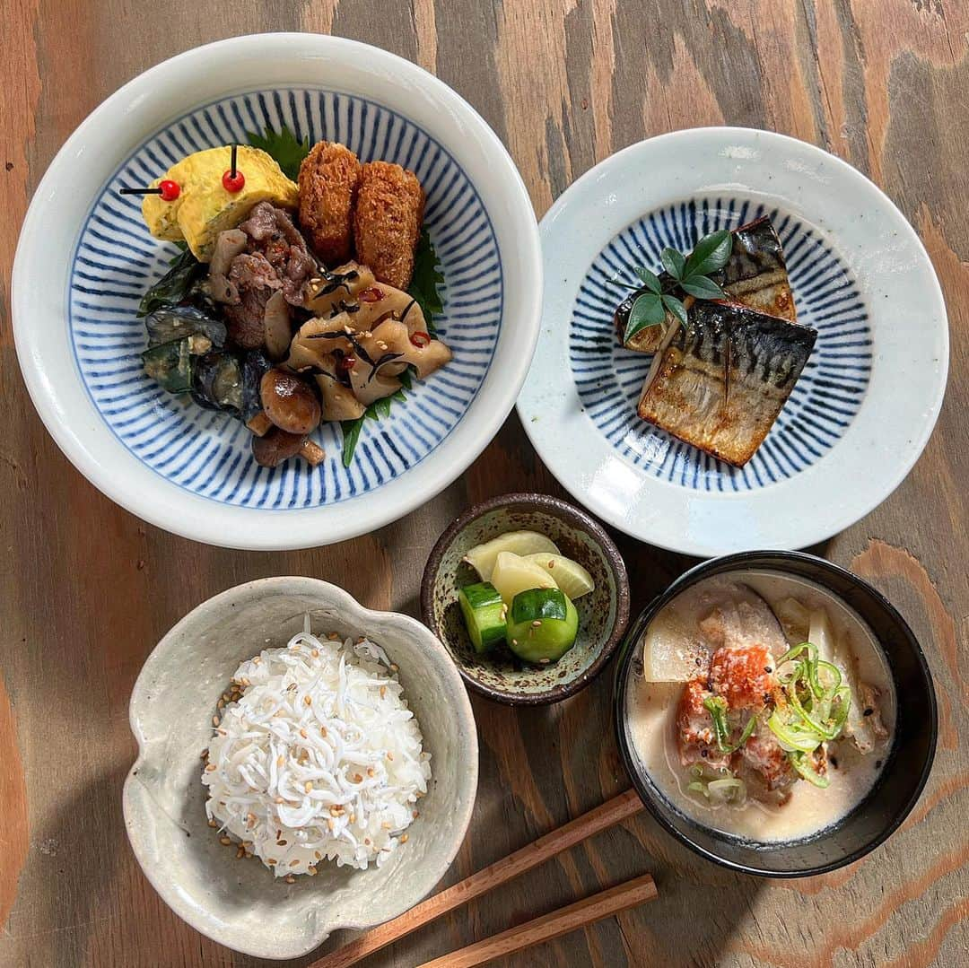 はらぺこさんのインスタグラム写真 - (はらぺこInstagram)「今日のお昼ごはん🍚  ♪焼き鯖 ♪ひじきと蓮根のきんぴら ♪椎茸のたいたん ♪茄子とピーマンの味噌炒め ♪牛ごぼうのしぐれ煮 ♪しらすとネギのたまご焼き ♪メンチカツ ♪焼き鯖 ♪粕汁 ♪しらすごはん ♪お漬物  寒い🥶寒い🥶寒い🥶 これだけ寒いと今日はお散歩なしやな🤭🐾🐾  #お昼ごはん #常備菜 #おばんざい #野菜 #食育 #フーディーテーブル #おうちごはん #おうちごはんlover #おうちカフェ #朝時間 #器  #うつわ #砥部焼 #中田窯 #山粋 #砥部工房からくさ #山本直毅 #やちむん #しらす #クロワッサン大人のうつわ部 #うつわ好きと繋がりたい  #豆皿 #粕汁  #焼き鯖 #日々の暮らし #丁寧な暮らし #ワンプレート #料理 #家庭料理 #和食」11月18日 15時41分 - n.harapeko