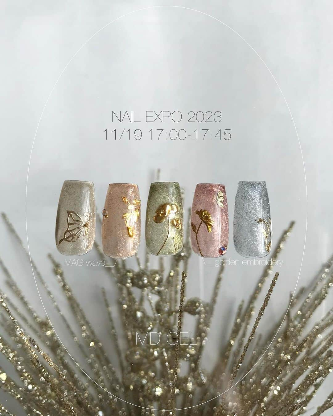 ryo kitamuraさんのインスタグラム写真 - (ryo kitamuraInstagram)「“ golden embroidery ”  NAIL EXPO 2023 - @md_gel ステージ 🪡11月19日17:00-17:45  @dior の全てゴールドで作れた空間にお花や蝶がいる世界観からイメージして作った金刺繍デザイン🪡 限定販売の猫パンチマグネットを使って新しいマグネットの動かし方と繊細だけど簡単な手書きデザインをデモします🦋  とりあえず、うつくしい！美しい！so beautiful!!連発なのでみんなぜひ見にきて下さいね😘  #diornails#dior#butterflynails#flowernails #マグネットネイル#フラワーネイル」11月18日 15時58分 - ryo_kitamura