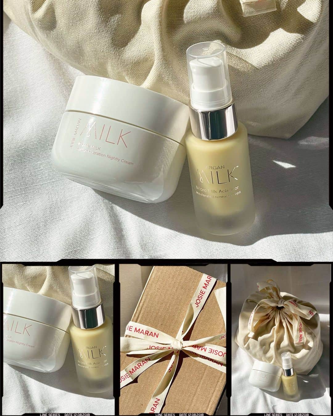 ジョジー・マランのインスタグラム：「The limited-edition holiday duo to rescue dull skin from harsh winter weather! Meet Argan Soiree Collection featuring a supercharged micro-serum and anti-aging night cream to keep skin’s results driven and its brightness boosted all season long! ✨ ($104 value, for $68)   This kit includes  ✨ Argan Milk Micro Activator ✨ Argan Milk Intensive Hydration Nightly Cream  ✨ Holiday drawstring linen bag」