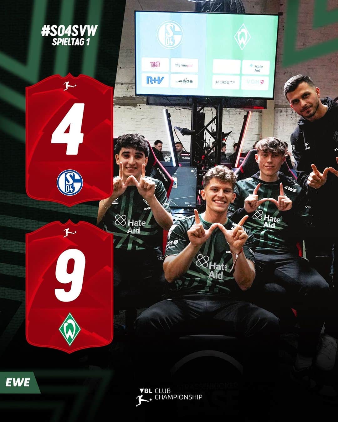 のインスタグラム：「𝒀𝑬𝑬𝑬𝑬𝑺𝑺 👏💚 ••• Auftaktsieg für @werderesports in der @virtualbundesliga 💪  @werderesports 🆚 @s04_esports | 9:4 —— 2V2 🆚 @s04_esports | 5:1  @berkaylion_ 🆚 @bubschi10 | 4:3  ___ #werder #werderbremen #svw #vbl #virtualbundesliga #vblcc」