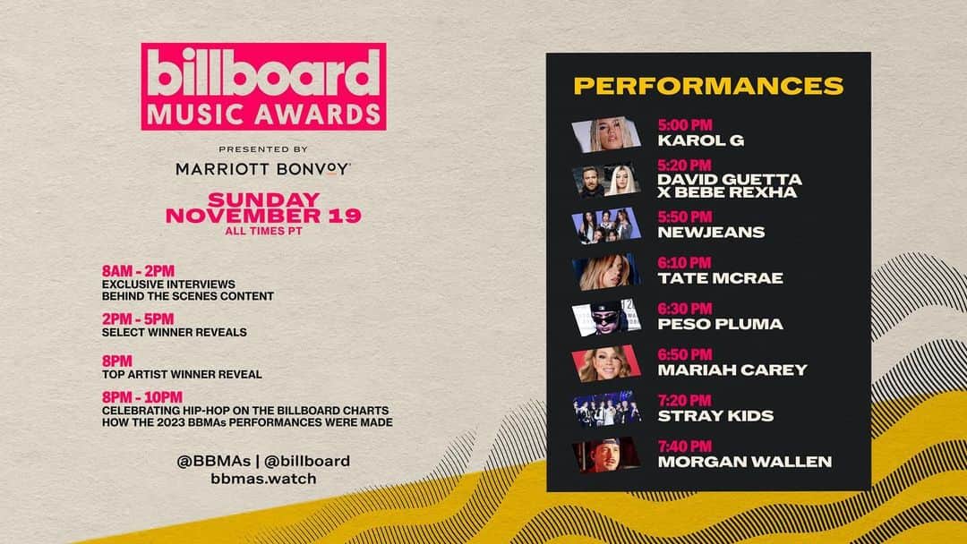 のインスタグラム：「📢 The 2023 Billboard Music Awards schedule just dropped ‼️  📆 Sunday November 19 📍 #BBMAs socials, @billboard and via bbmas.watch」