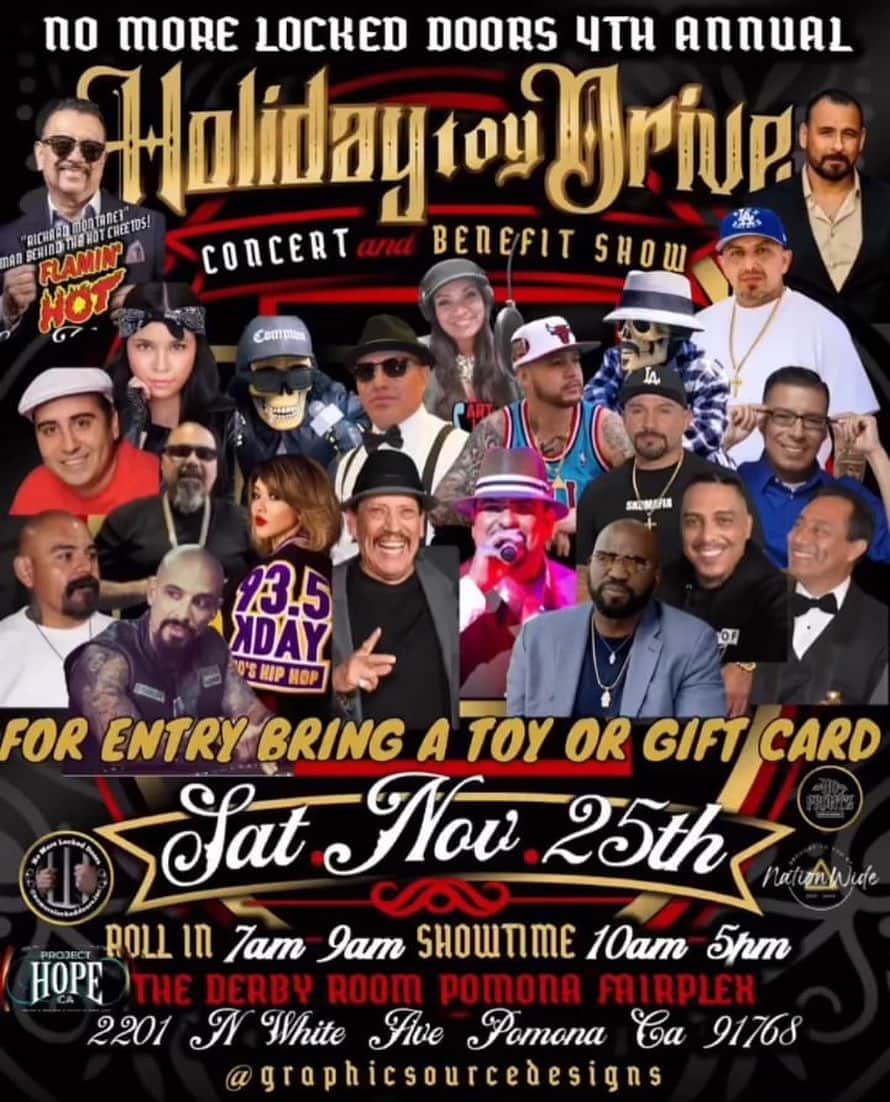 ダニー・トレホのインスタグラム：「Come join Chino Mike and me for @nomorelockeddoors.inc 4th Annual Holiday Toy Drive with @projecthopeca November 25th! Bring a toy or gift card, there’s going to be a car show, music performances including my @trejosmusic, vendors, and special guests! Roll in 7am-9am | Showtime 10am-5pm | The Derby Room Pomona at Fairplex」