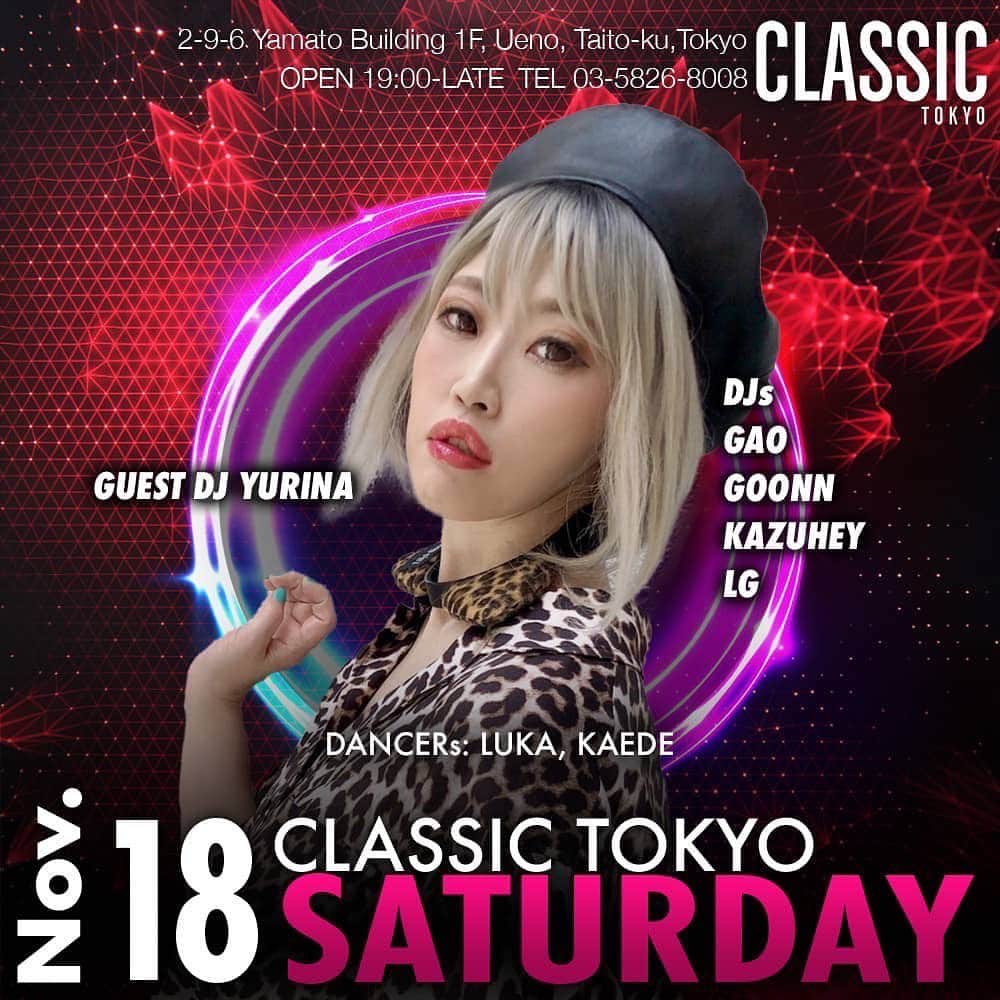 DJ YURINAのインスタグラム：「今夜は @classic.tokyo  一緒飲みましょ♫  #dj #djyurina #上野 #仲町通り #ueno #kpop #edm #hiphop #party #club #request #リクエスト」