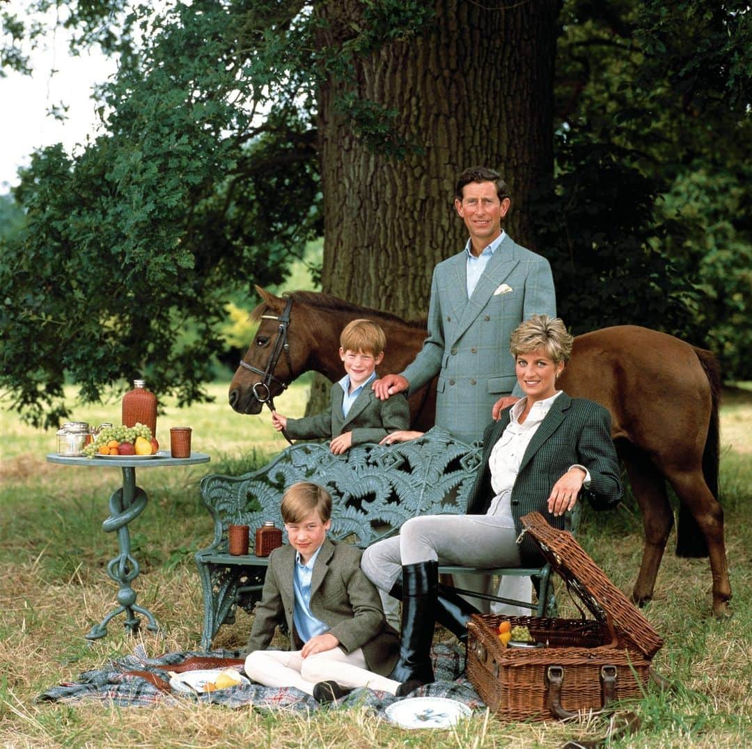 British Vogueのインスタグラム：「#BritishVogue only photographed the Prince and Princess of Wales together with their sons, William and Harry, on one occasion, and the portrait, captured by #Snowdon at Highgrove, was part bucolic fête champêtre, part masterclass in artifice. To wit: everything about the picture was fake, and #PrincessDiana must surely have been in on the joke, wearing riding breeches and boots, despite disliking the activity greatly. At the link in bio, @Rkm_Muir recounts the extraordinary story behind the picture.」