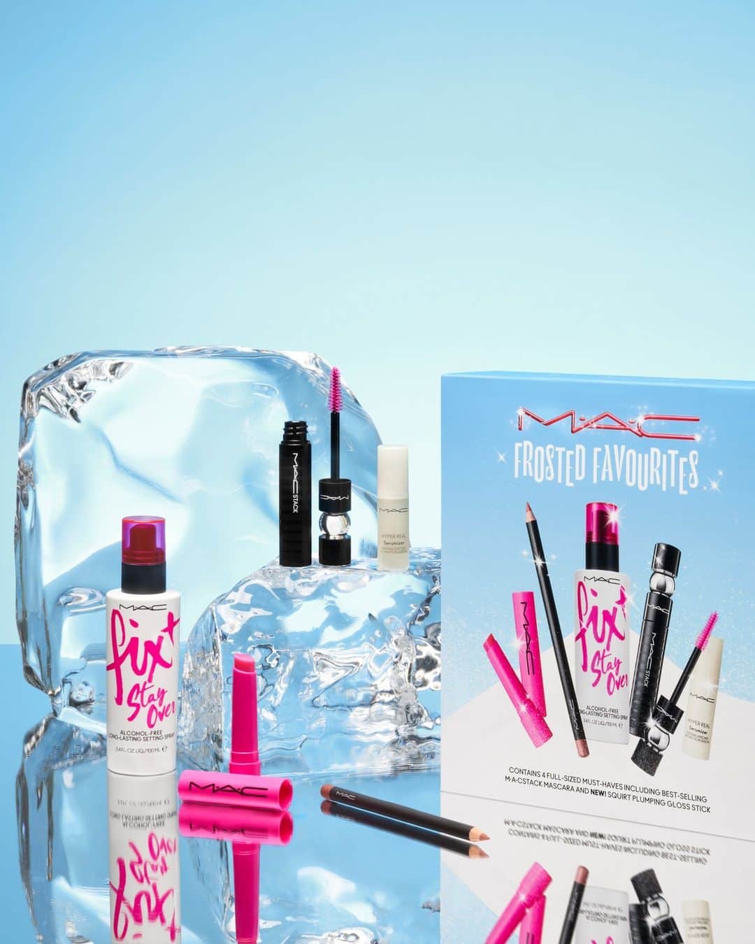 M·A·C Cosmetics UK & Irelandのインスタグラム：「These are a few of my favourite things 🎶  The @bootsuk STAR GIFT M•A•C Frosted Favourites Beauty Gift Set has arrived, but she may not be around for long! Worth £103, grab 5 best-selling products, all in this limited-edition gift set for ONLY £45!   💦 Fix+ Stay Over 🖤 M•A•CStack Mascara 💖 Squirt Plumping Gloss Stick in Amped 🌶️ Lip Pencil in Spice ☁️ Hyper Real Serumizer™ (mini)  Available only at @bootsuk ❄️  #MACCosmeticsUK #MACBootsStarGift #FrostedFavourites」